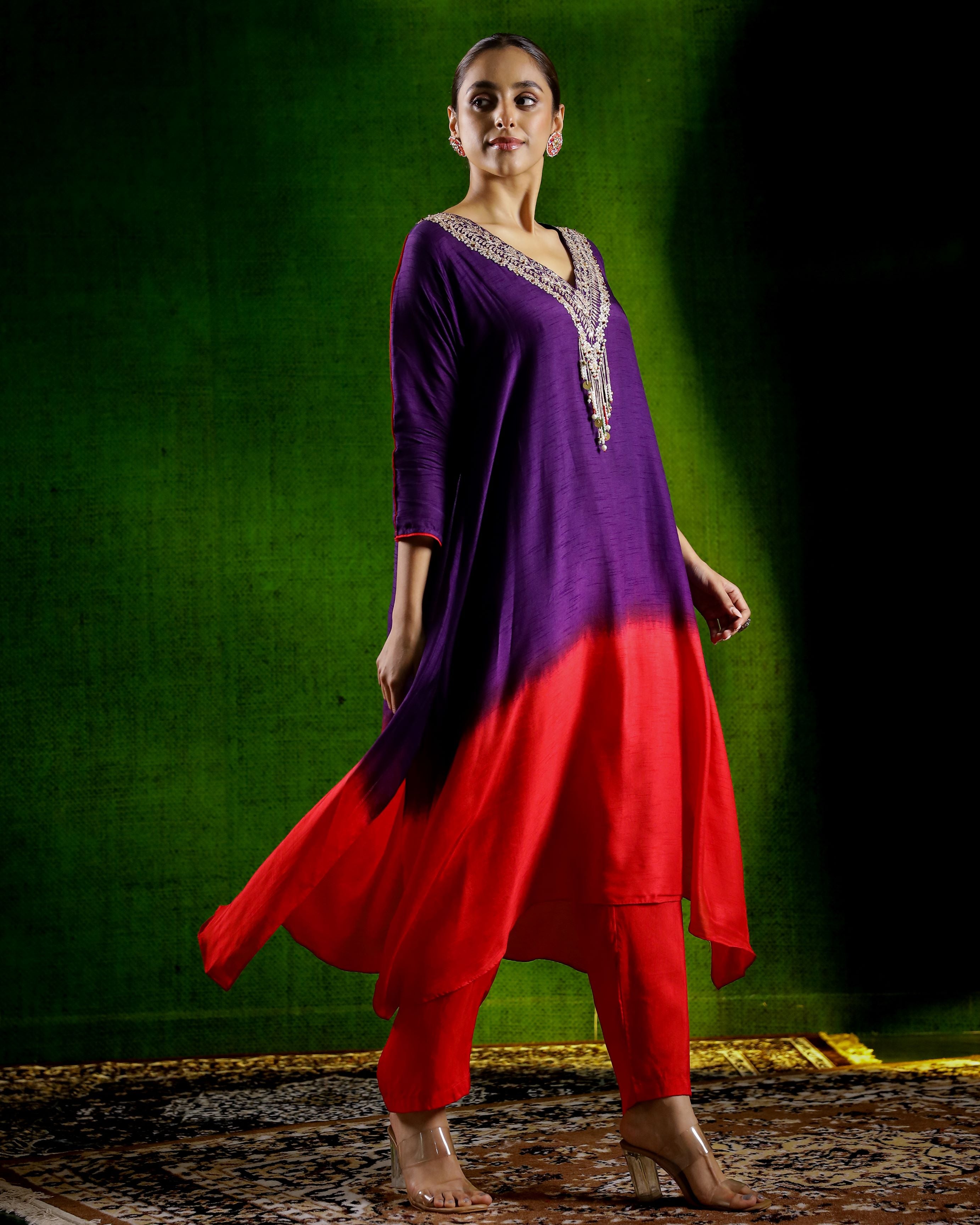 Purple Embellished Raw Silk Kurta Set