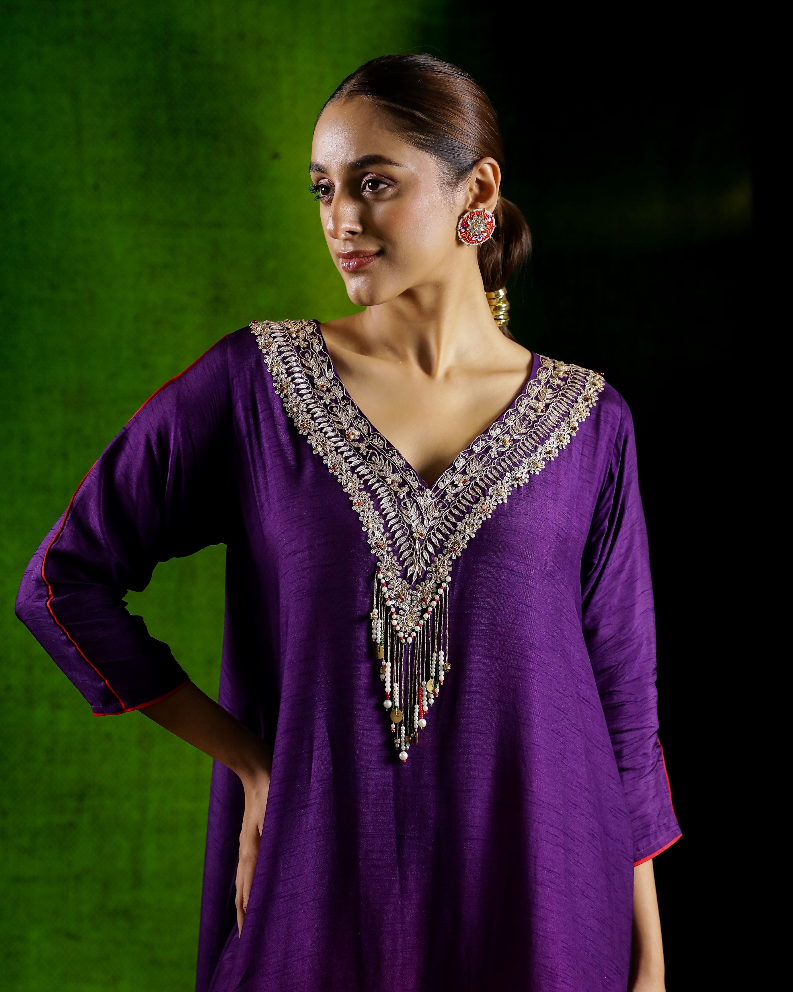 Purple Embellished Raw Silk Kurta Set