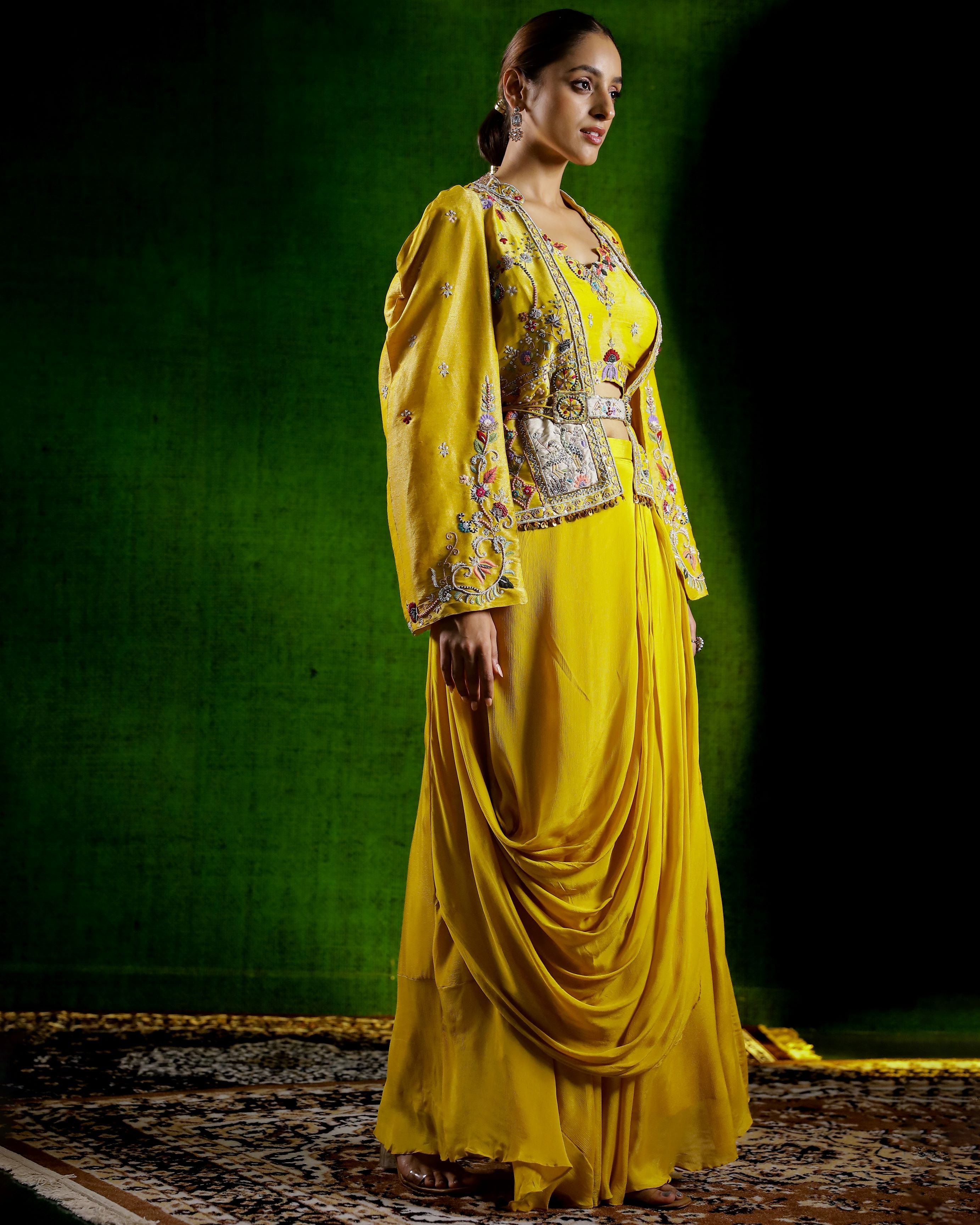 Mustard Yellow Embroidered Chinon Silk Skirt Set