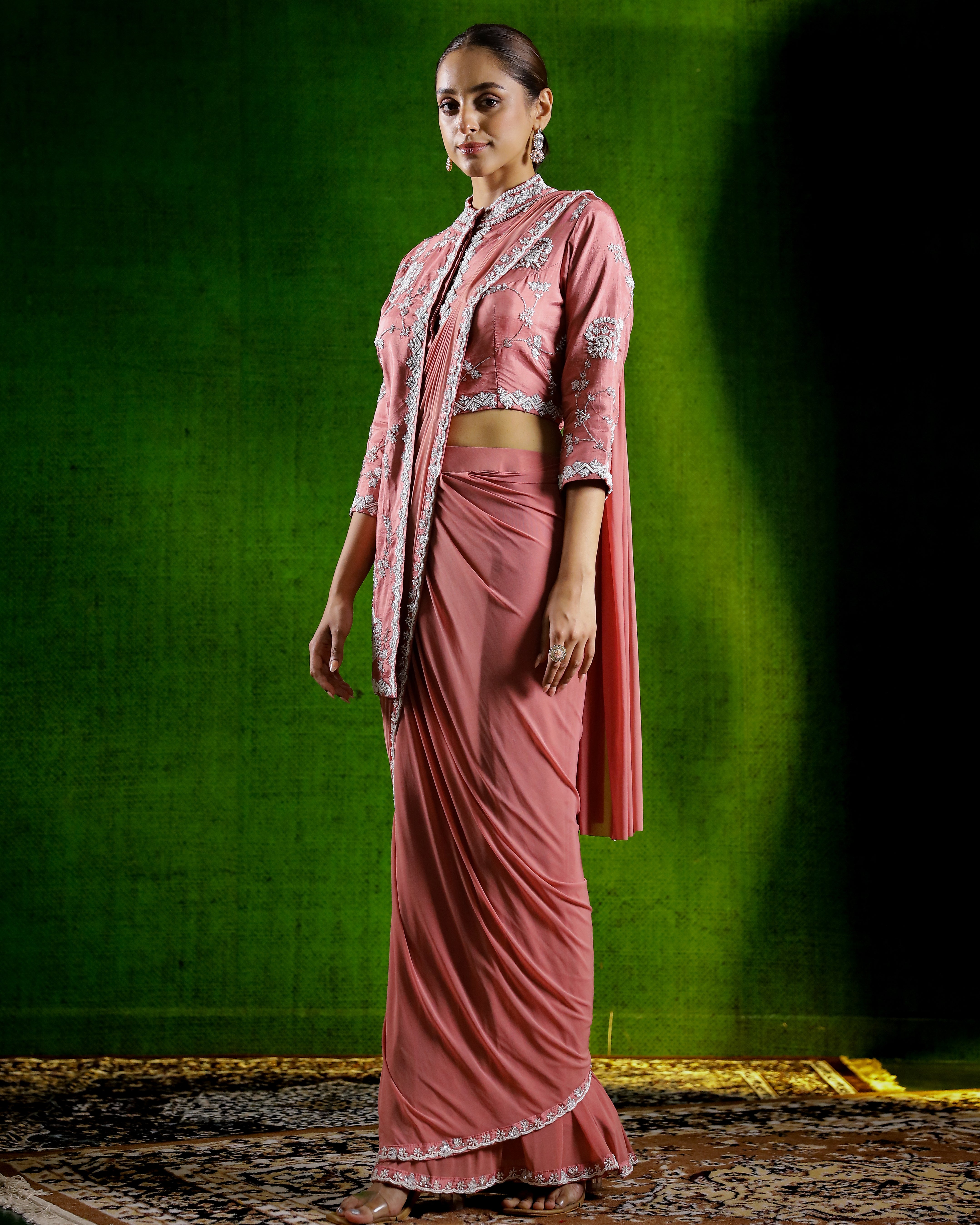 Peach Pink Embroidered Premium Net Draped Saree