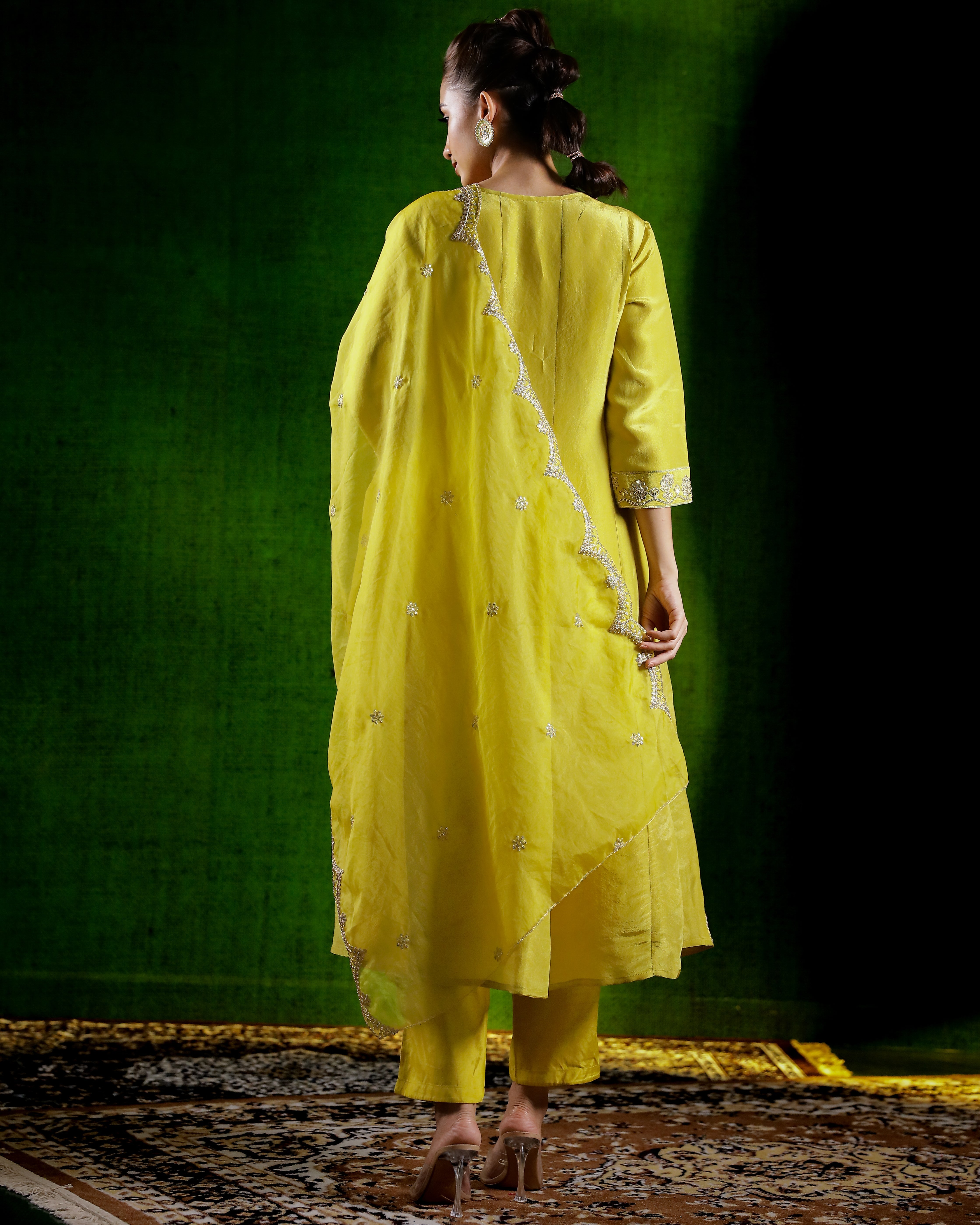 Yellow Embellished Tissue Silk Kurta Set