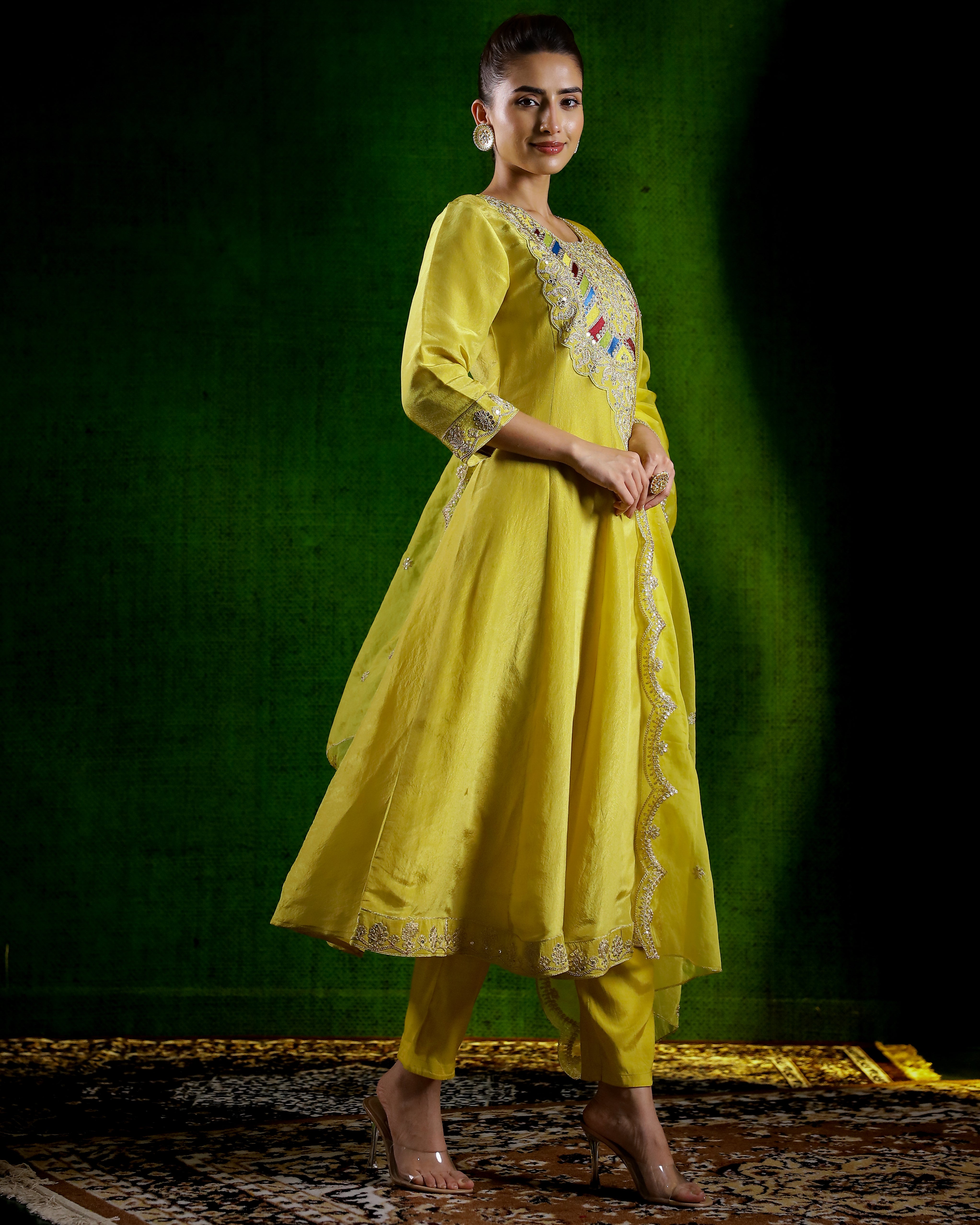 Yellow Embellished Tissue Silk Kurta Set