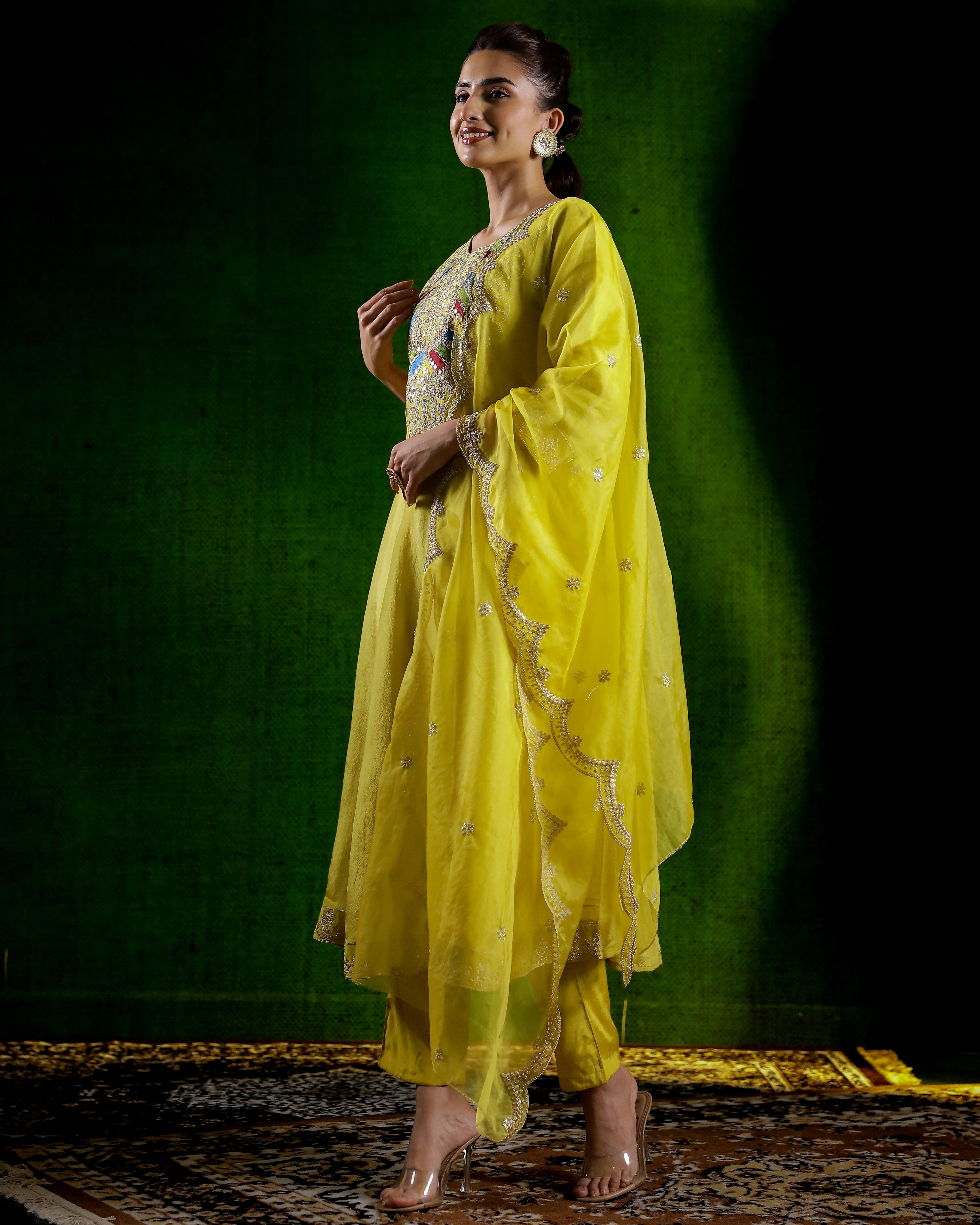 Yellow Embellished Tissue Silk Kurta Set