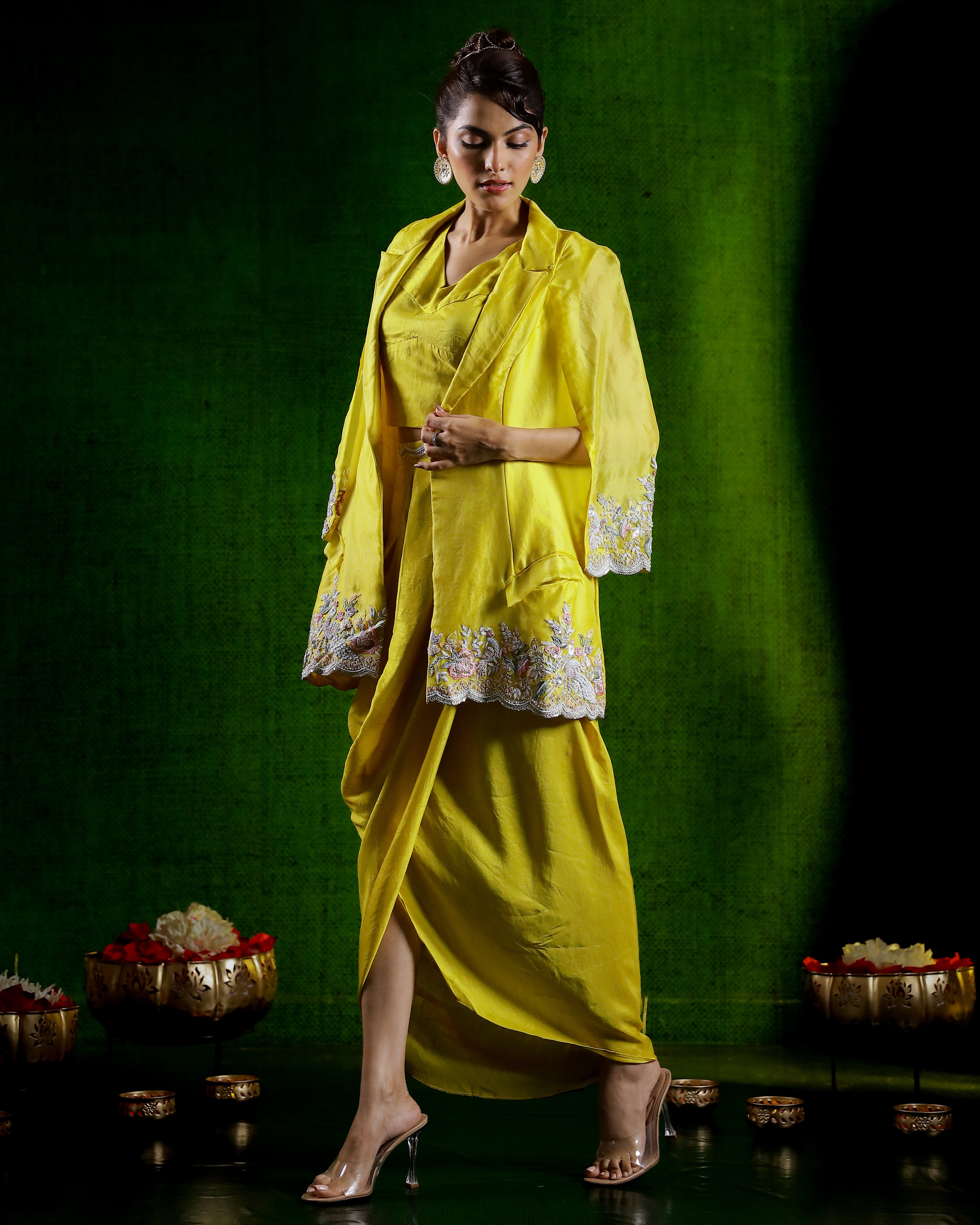 Lime Yellow Embellished Organza Silk Skirt Set