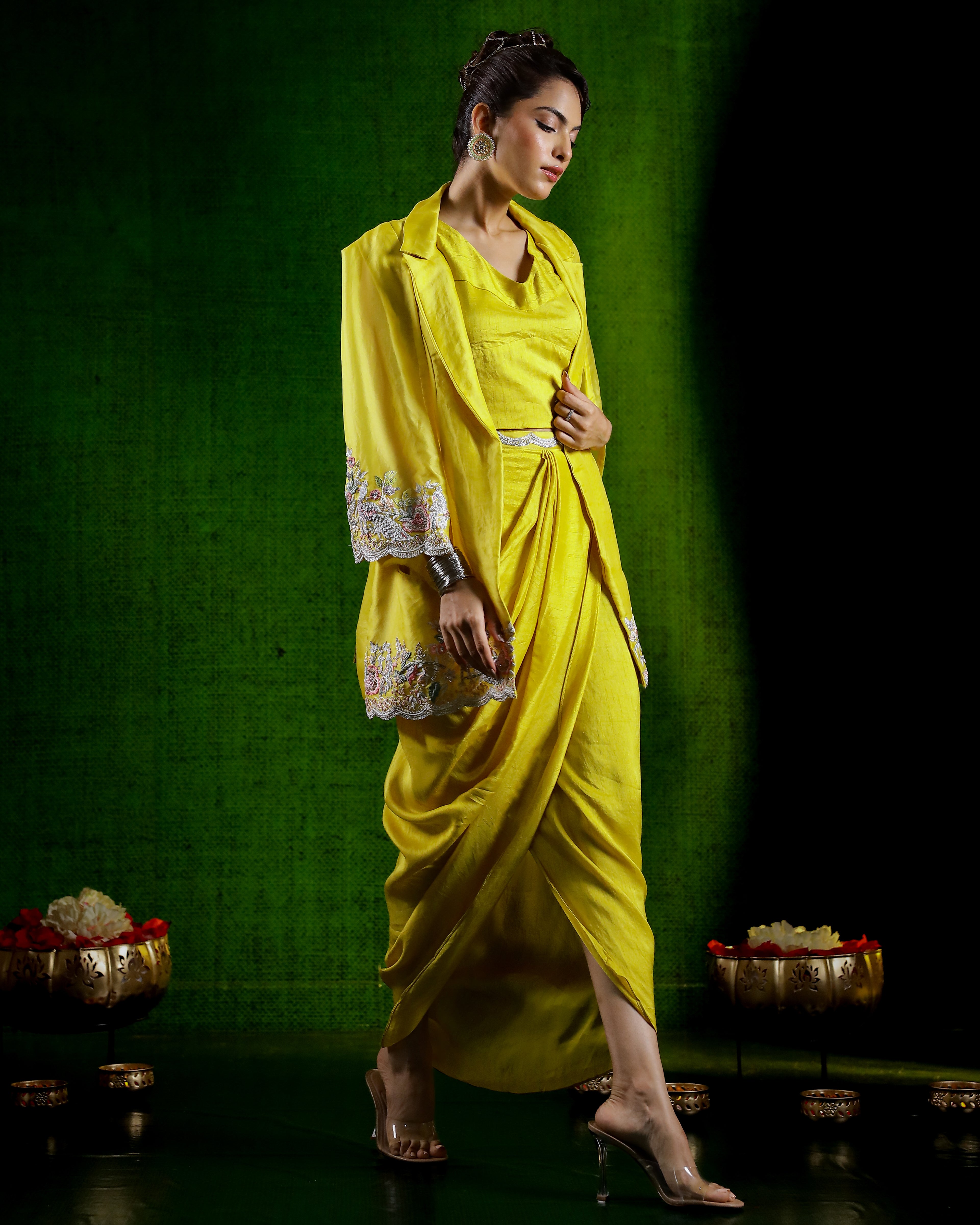 Lime Yellow Embellished Organza Silk Skirt Set