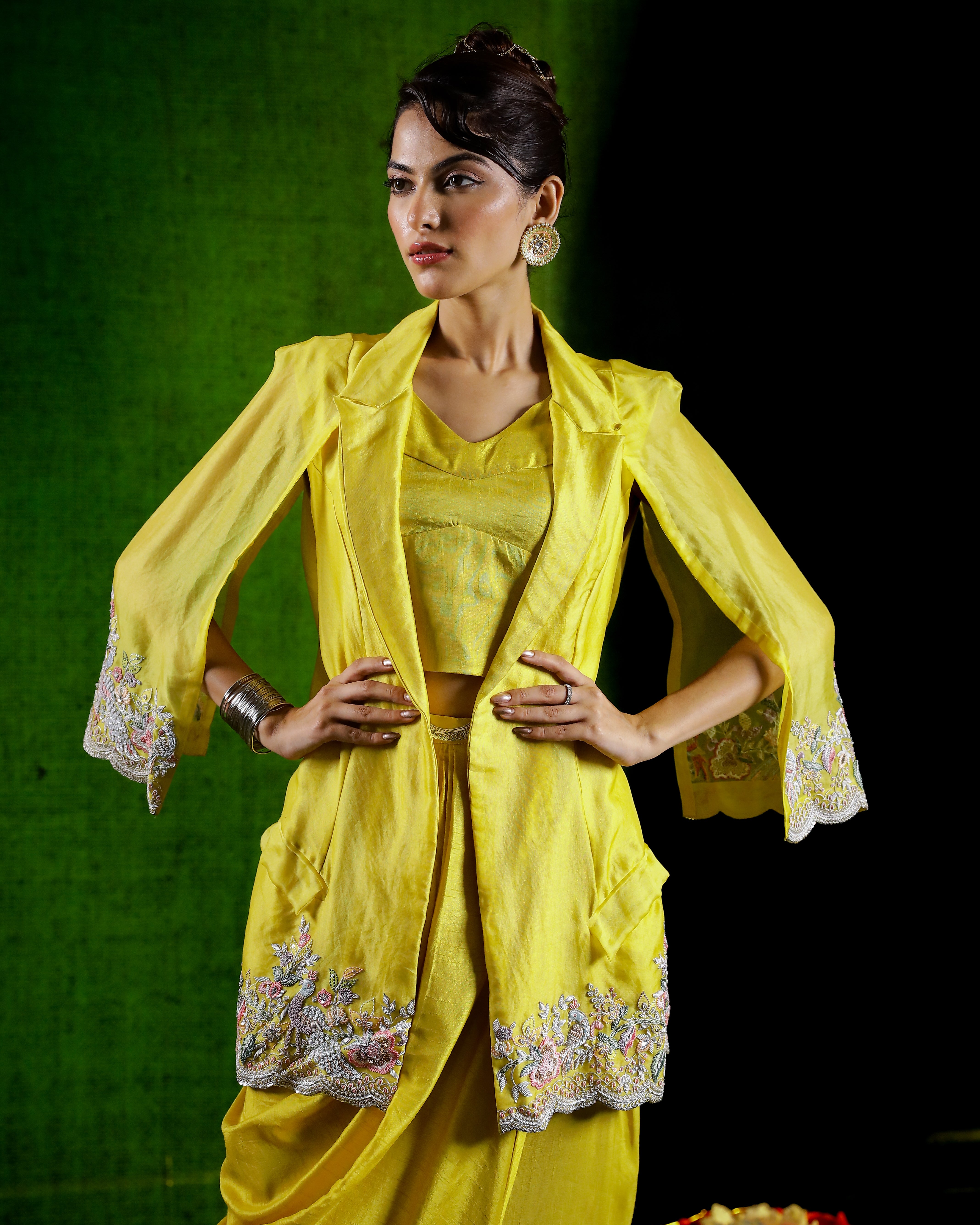 Lime Yellow Embellished Organza Silk Skirt Set