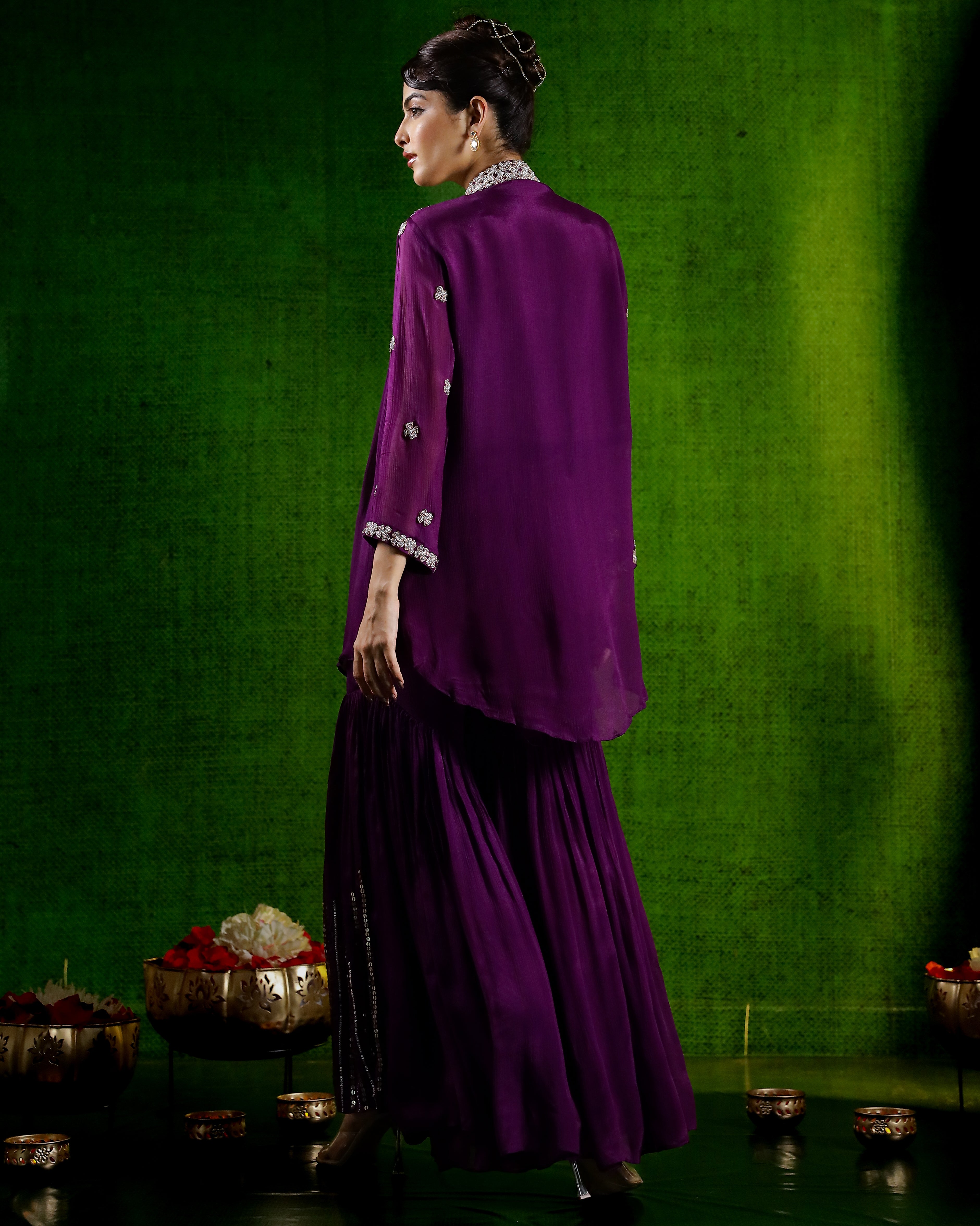 Purple Embellished Chinon Silk Kurta Set