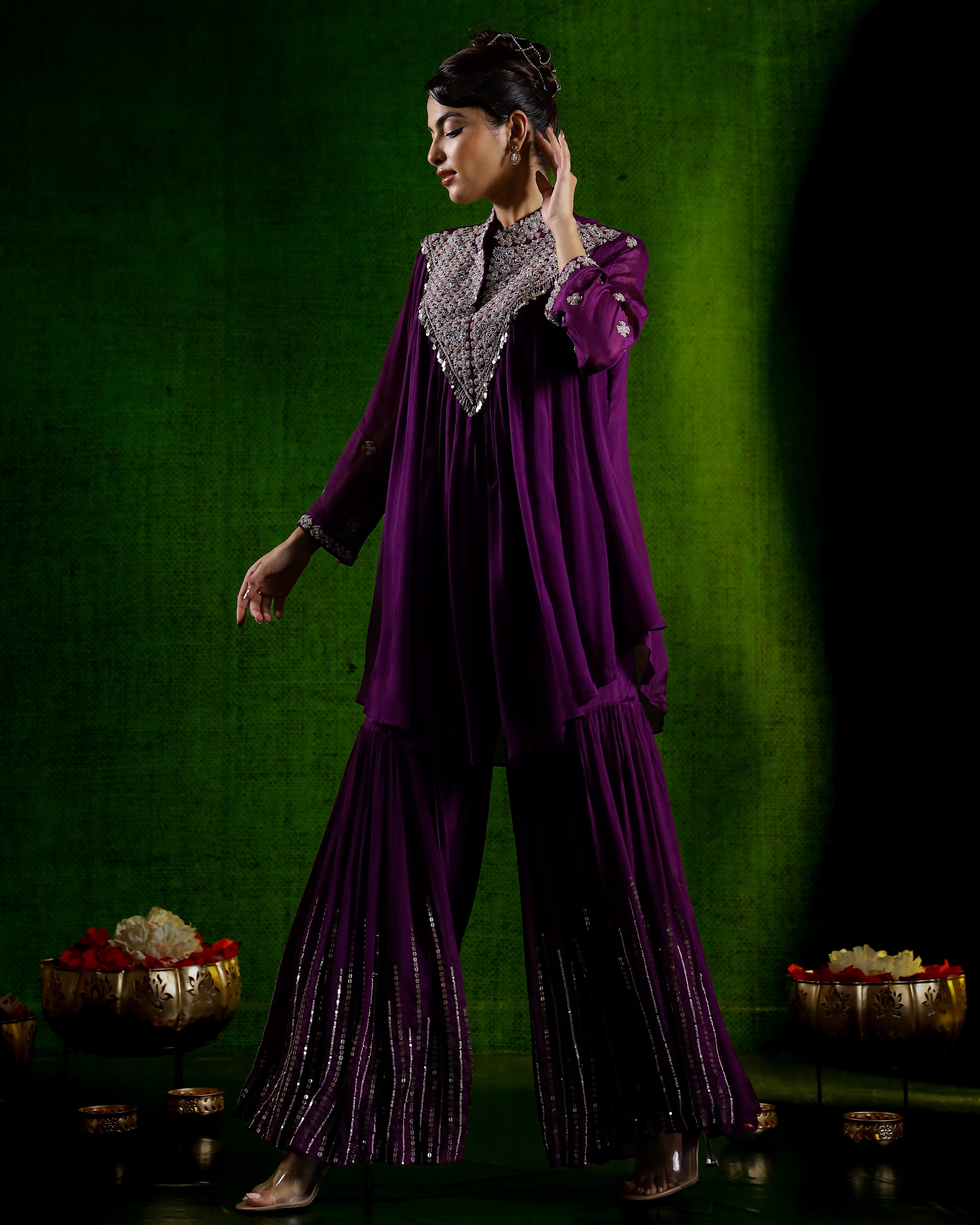 Purple Embellished Chinon Silk Kurta Set