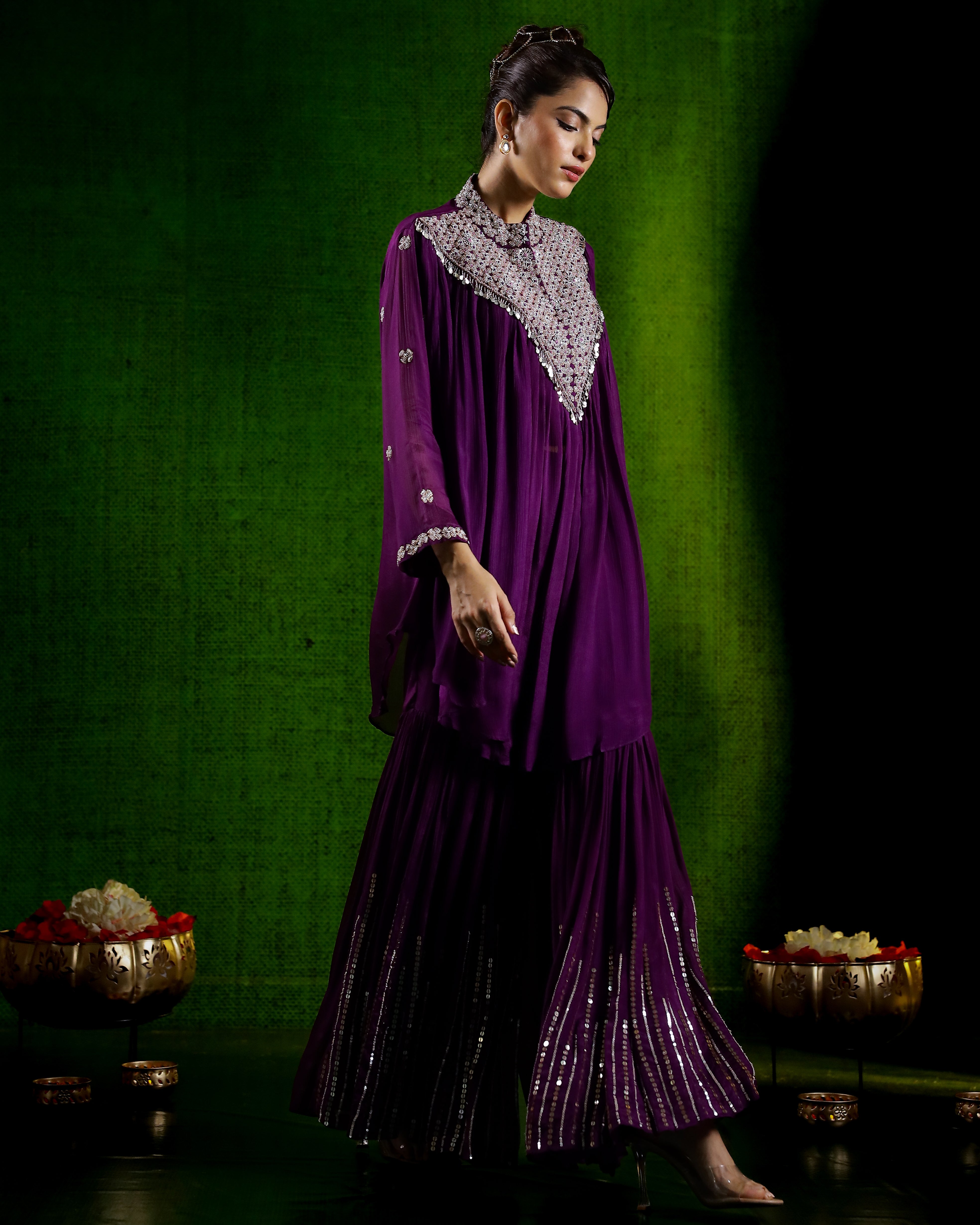 Purple Embellished Chinon Silk Kurta Set