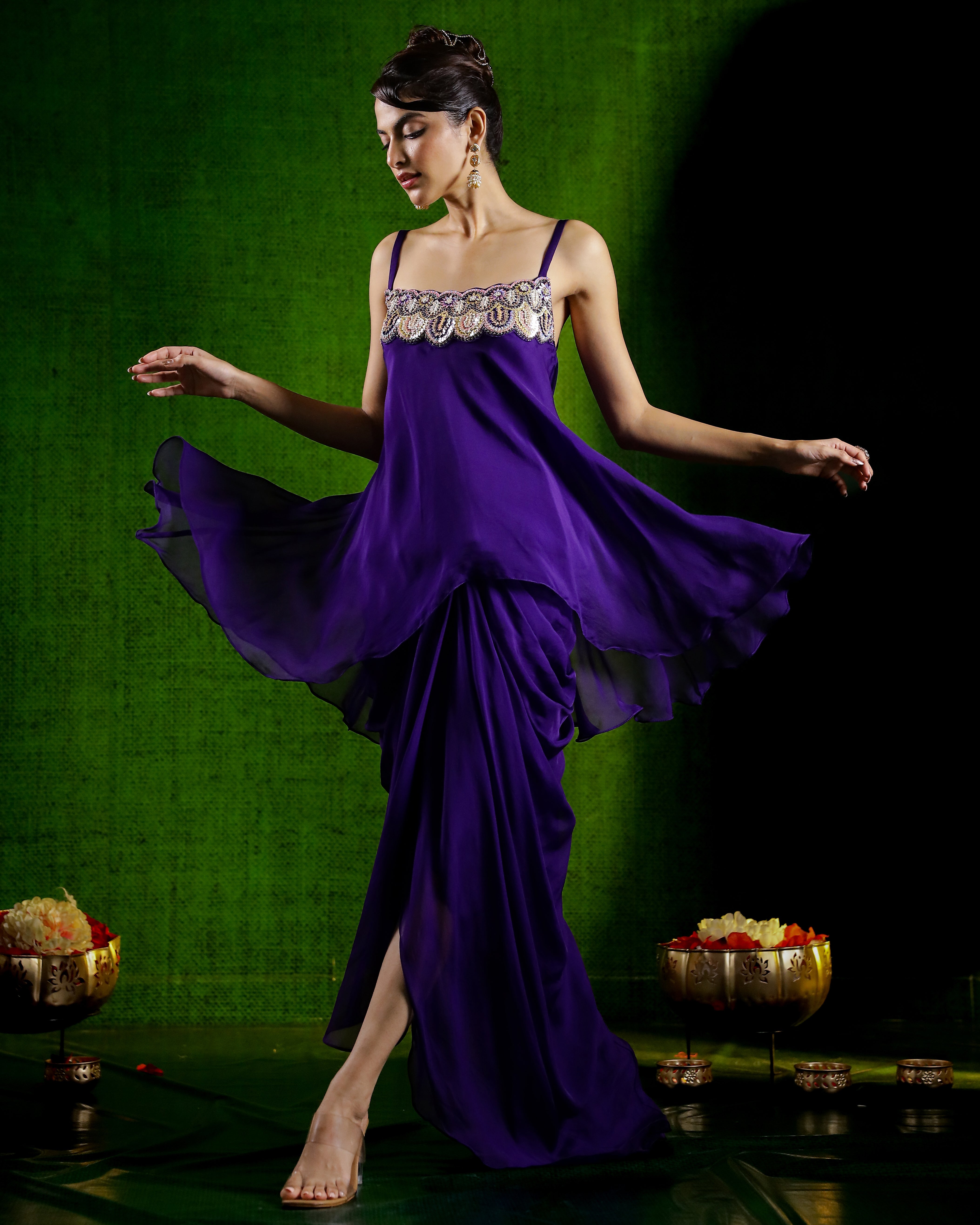 Purple Embellished Organza Silk Skirt Set