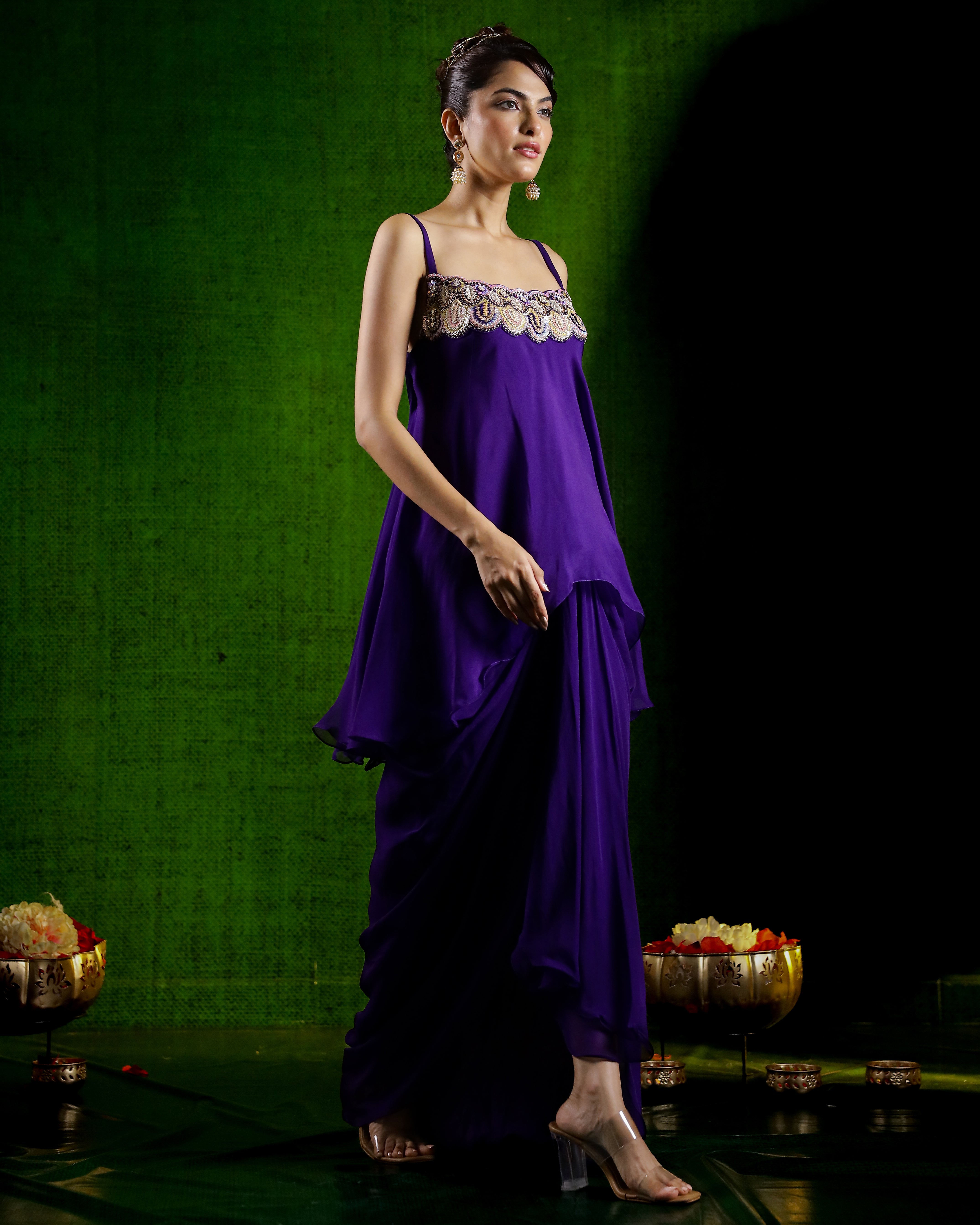 Purple Embellished Organza Silk Skirt Set