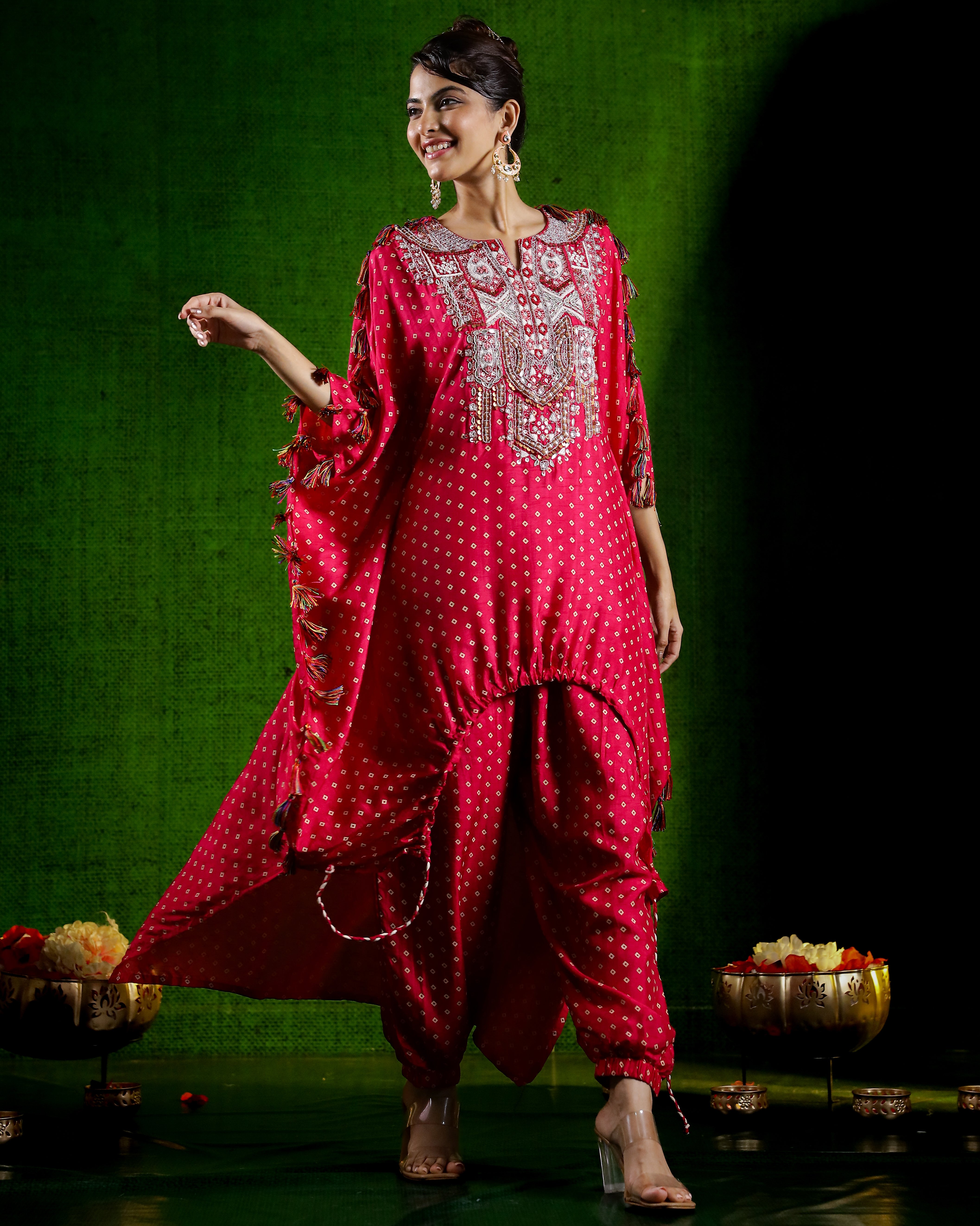 Rani Pink Embellished Spanish Silk Kaftan Set