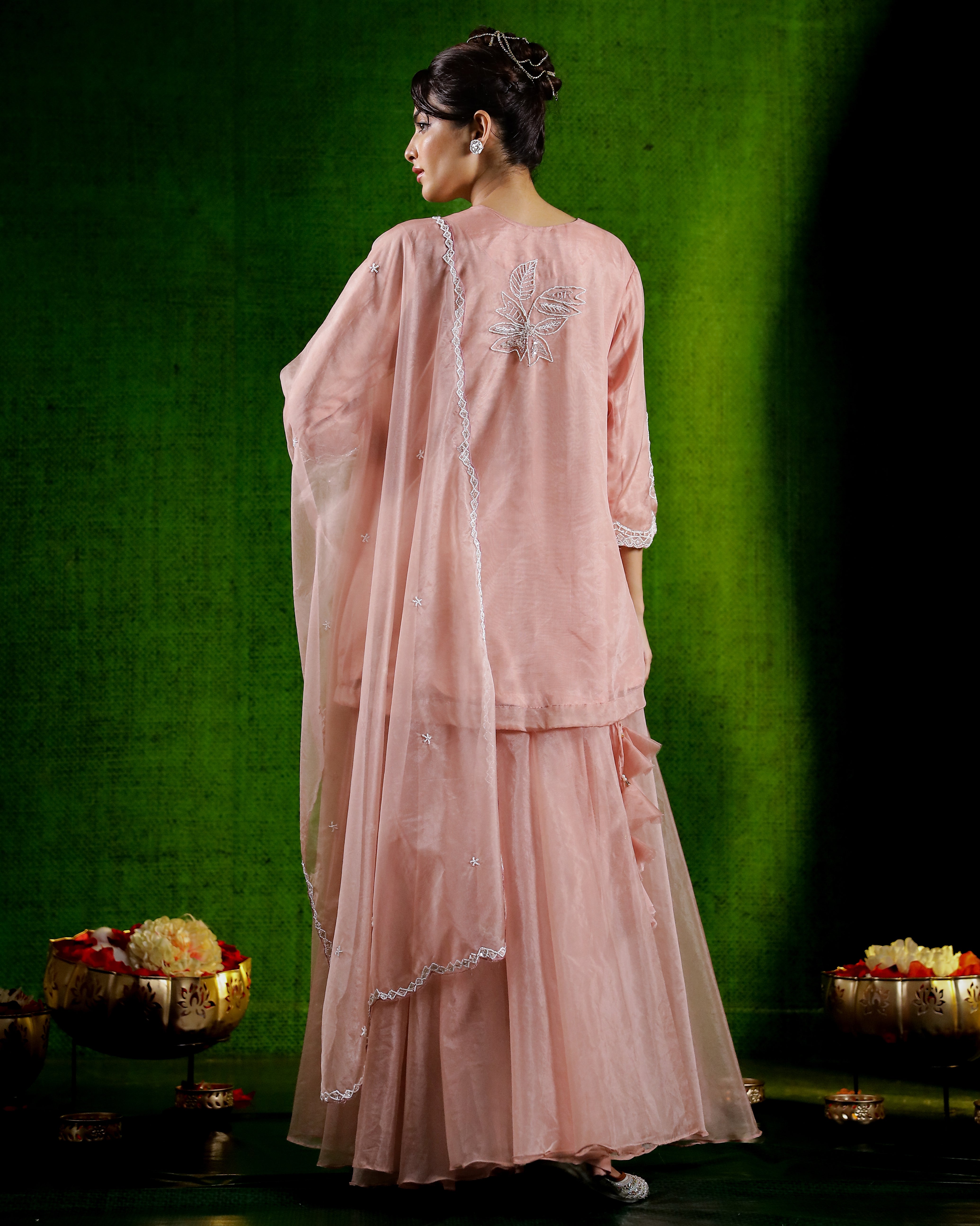 Pastel Peach Embellished Organza Silk Palazzo Set