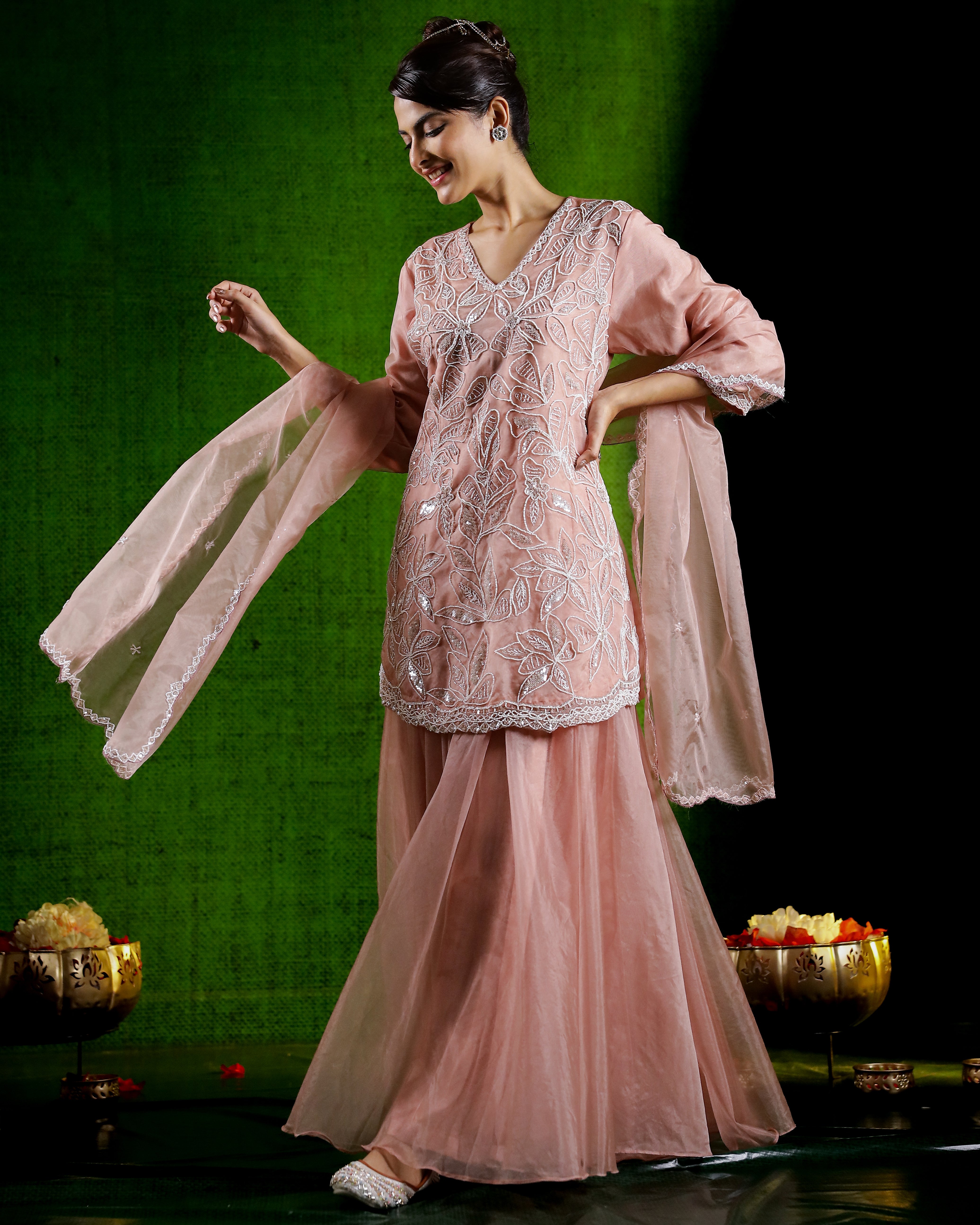 Pastel Peach Embellished Organza Silk Palazzo Set