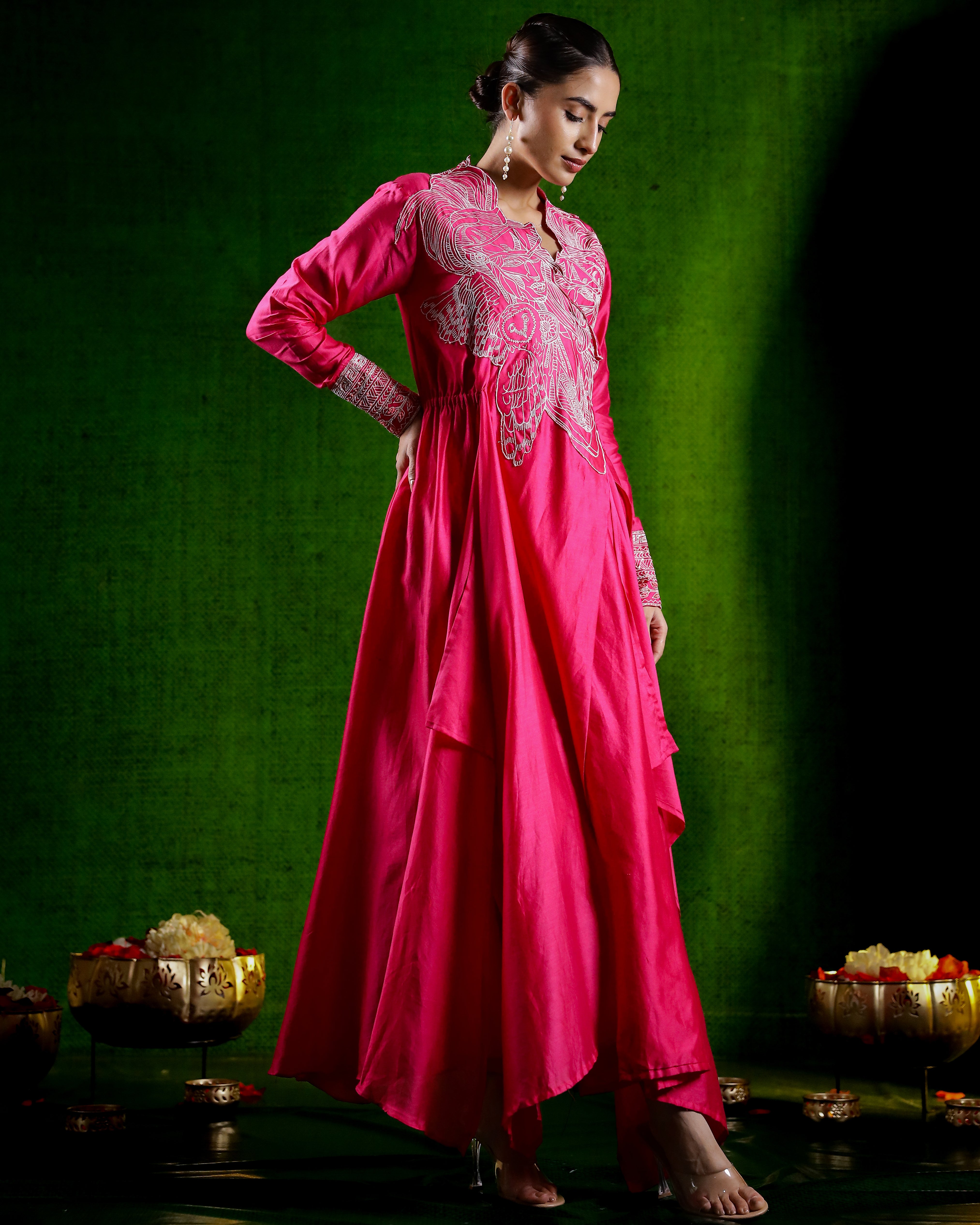 Rani Pink Embroidered Asymmetrical Tunic with Pants