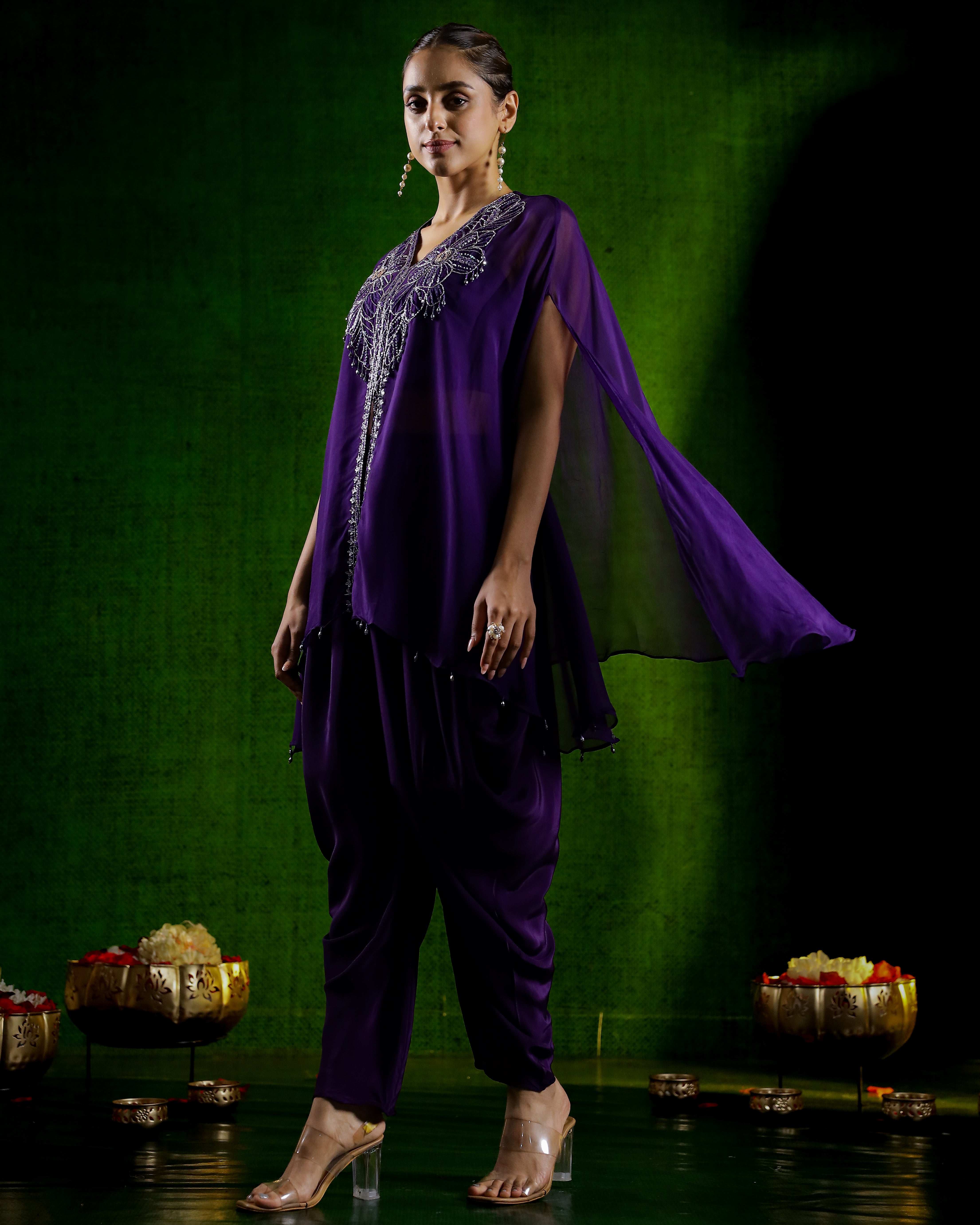 Purple Embellished Organza Silk Dhoti Co-Ord Set