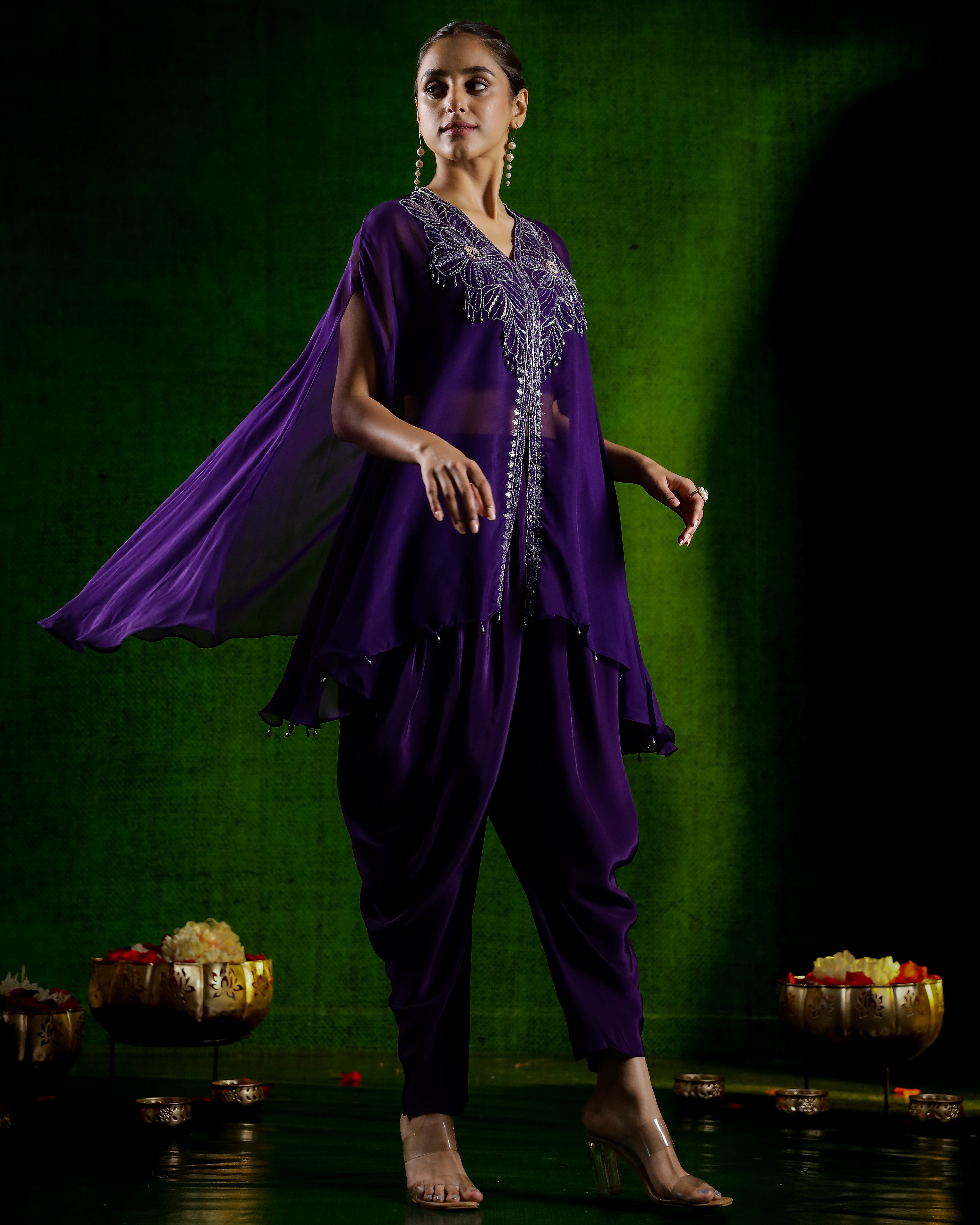 Purple Embellished Organza Silk Dhoti Co-Ord Set