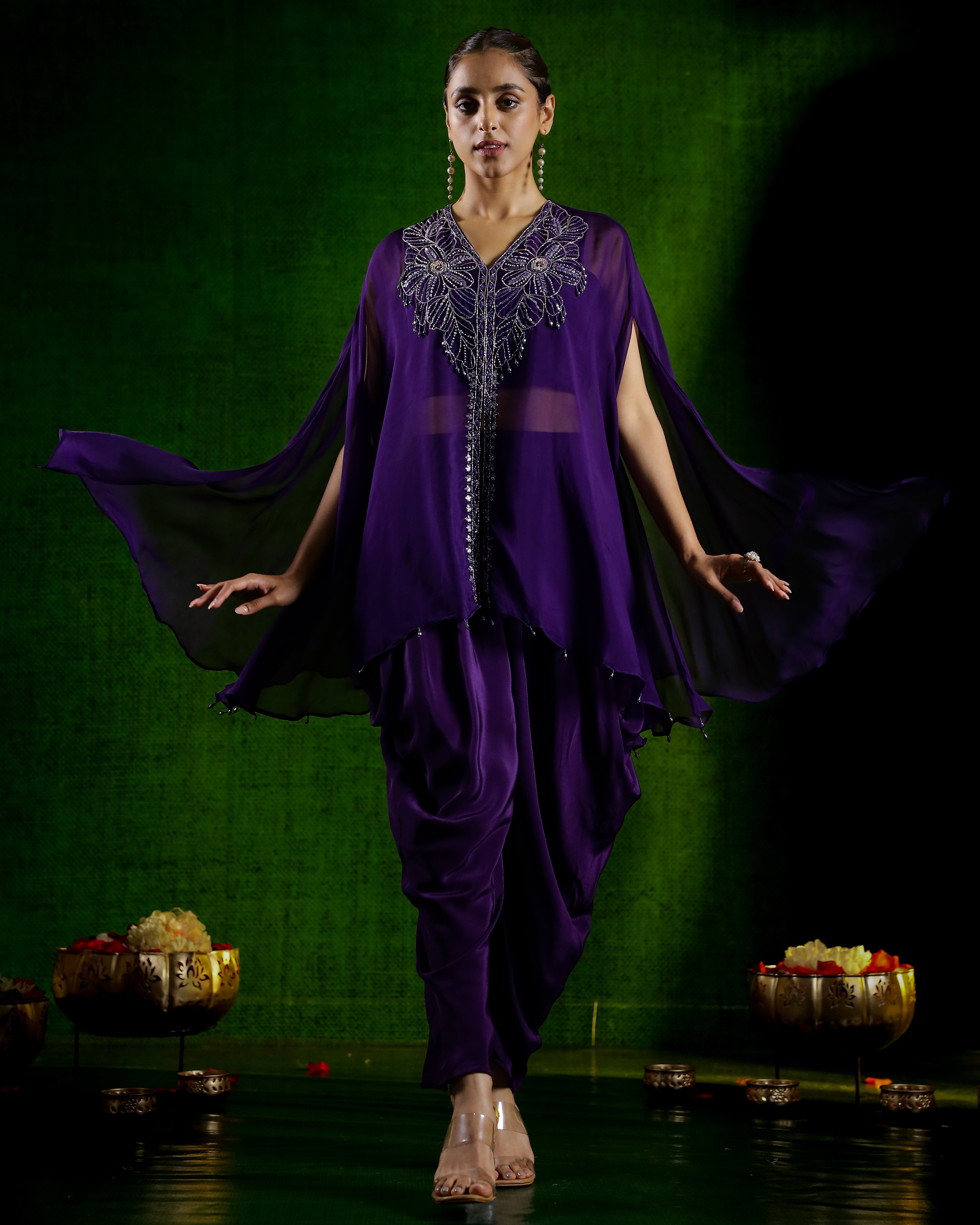 Purple Embellished Organza Silk Dhoti Co-Ord Set