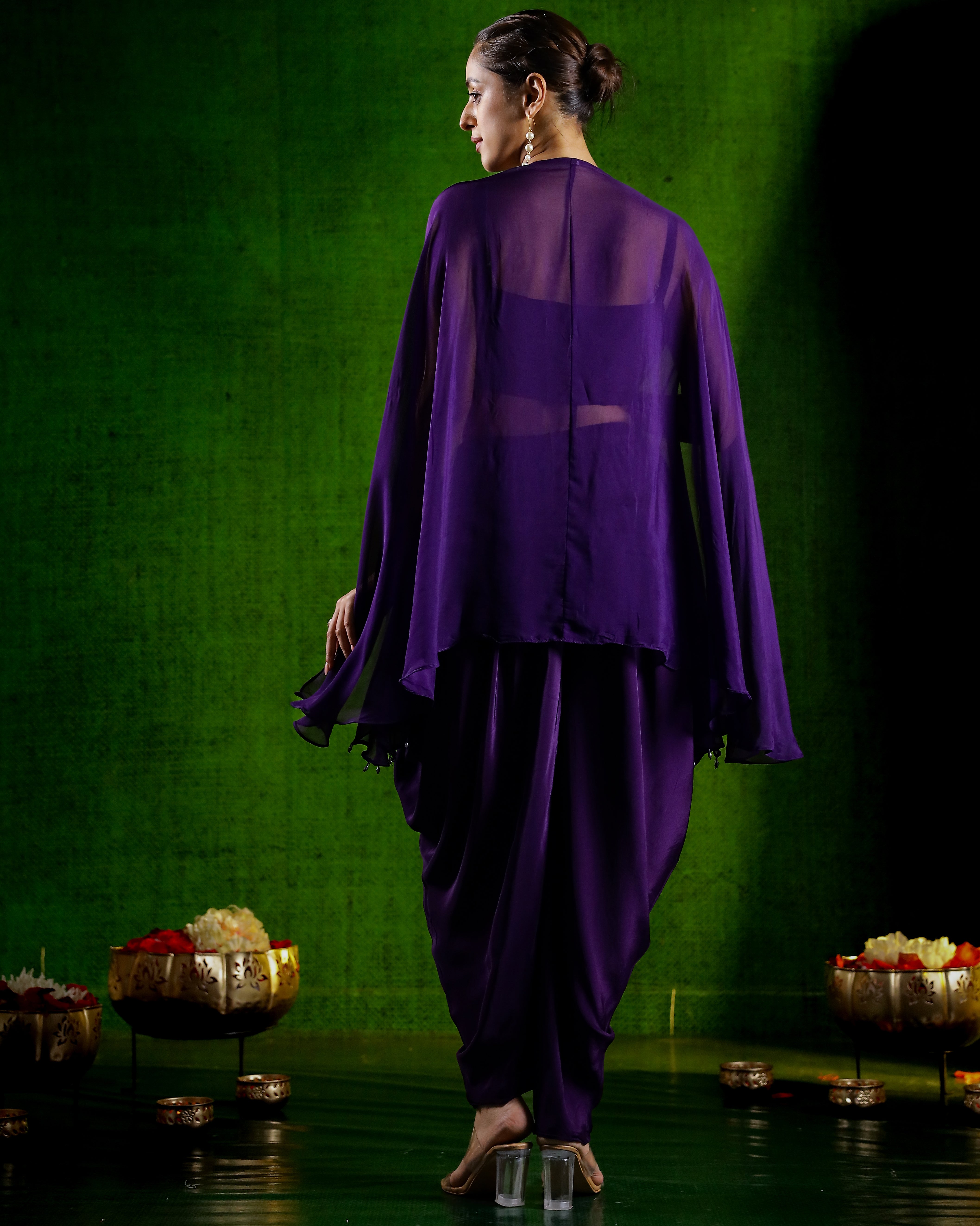 Purple Embellished Organza Silk Dhoti Co-Ord Set