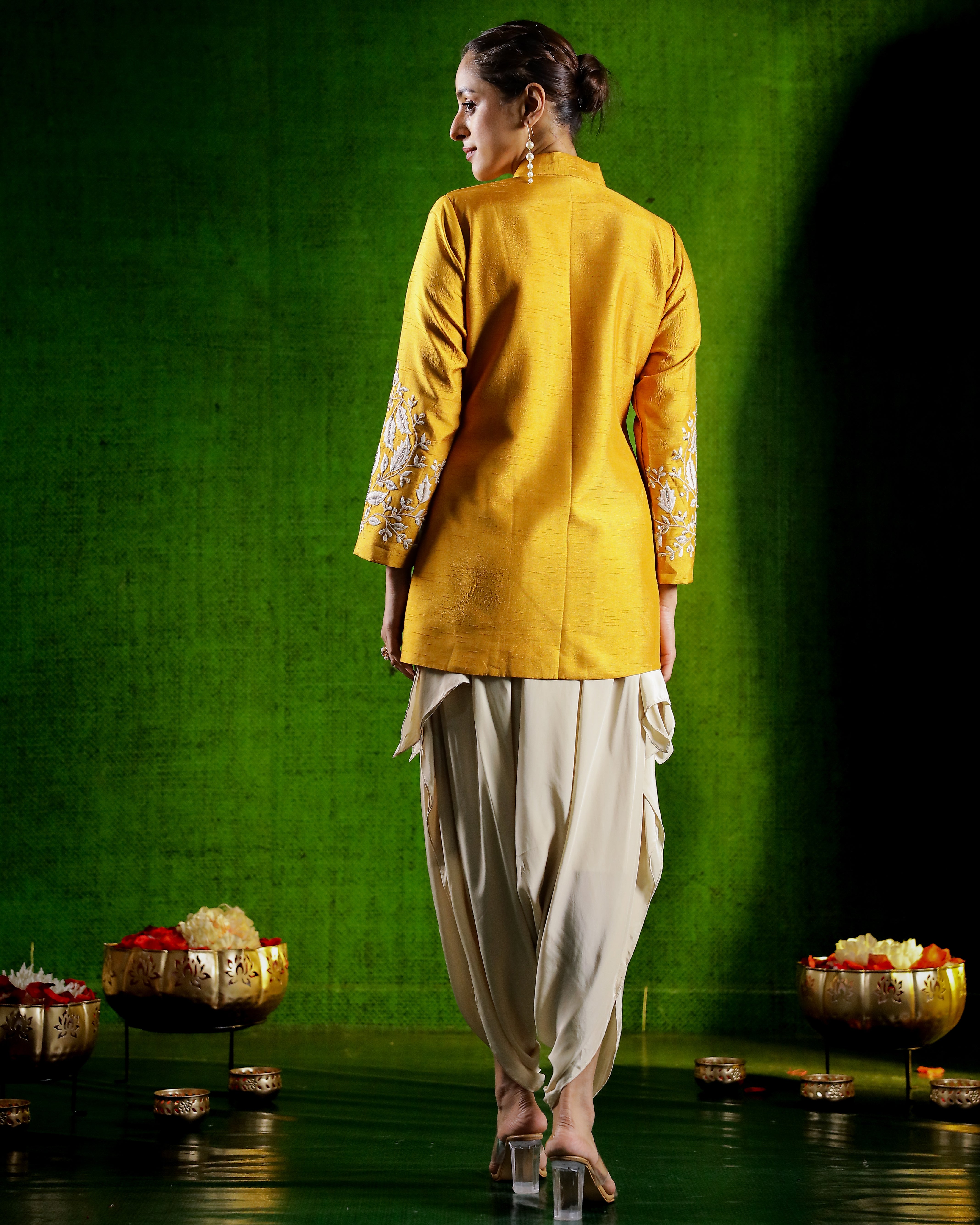 Mustard Yellow Embroidered Jacket with Cowl Pants