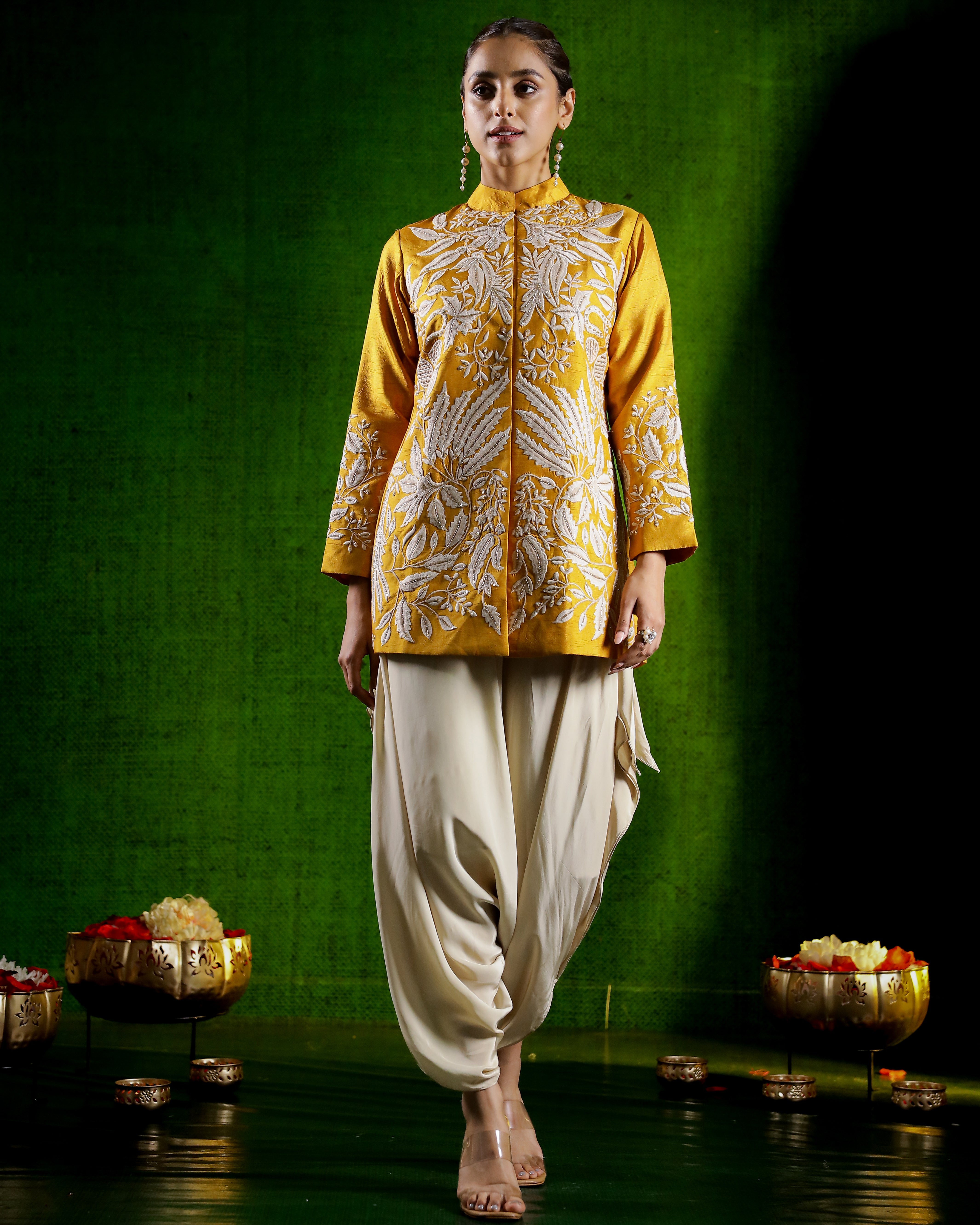 Mustard Yellow Embroidered Jacket with Cowl Pants