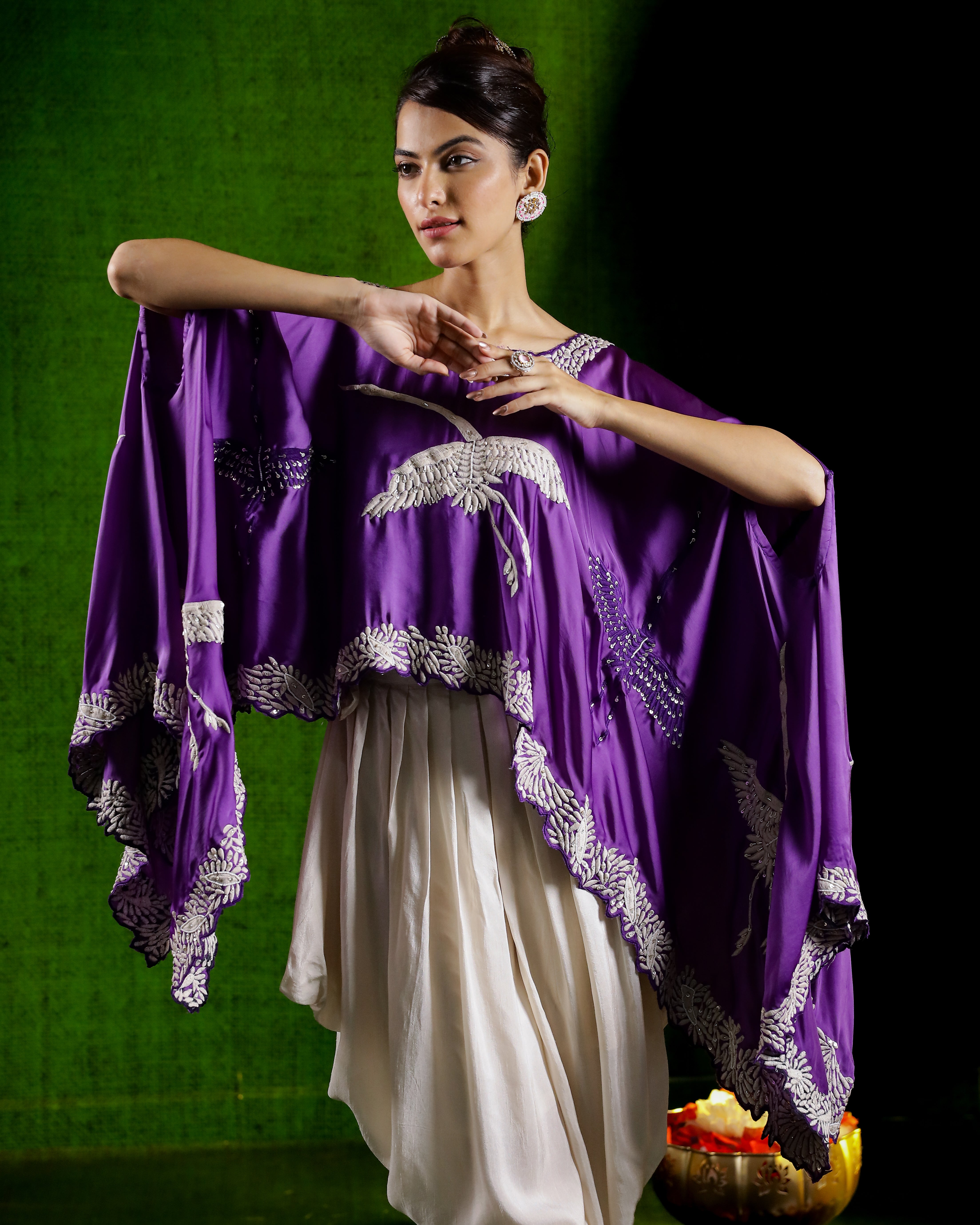 Purple Flamingo Embroidered Satin Silk Cape Set