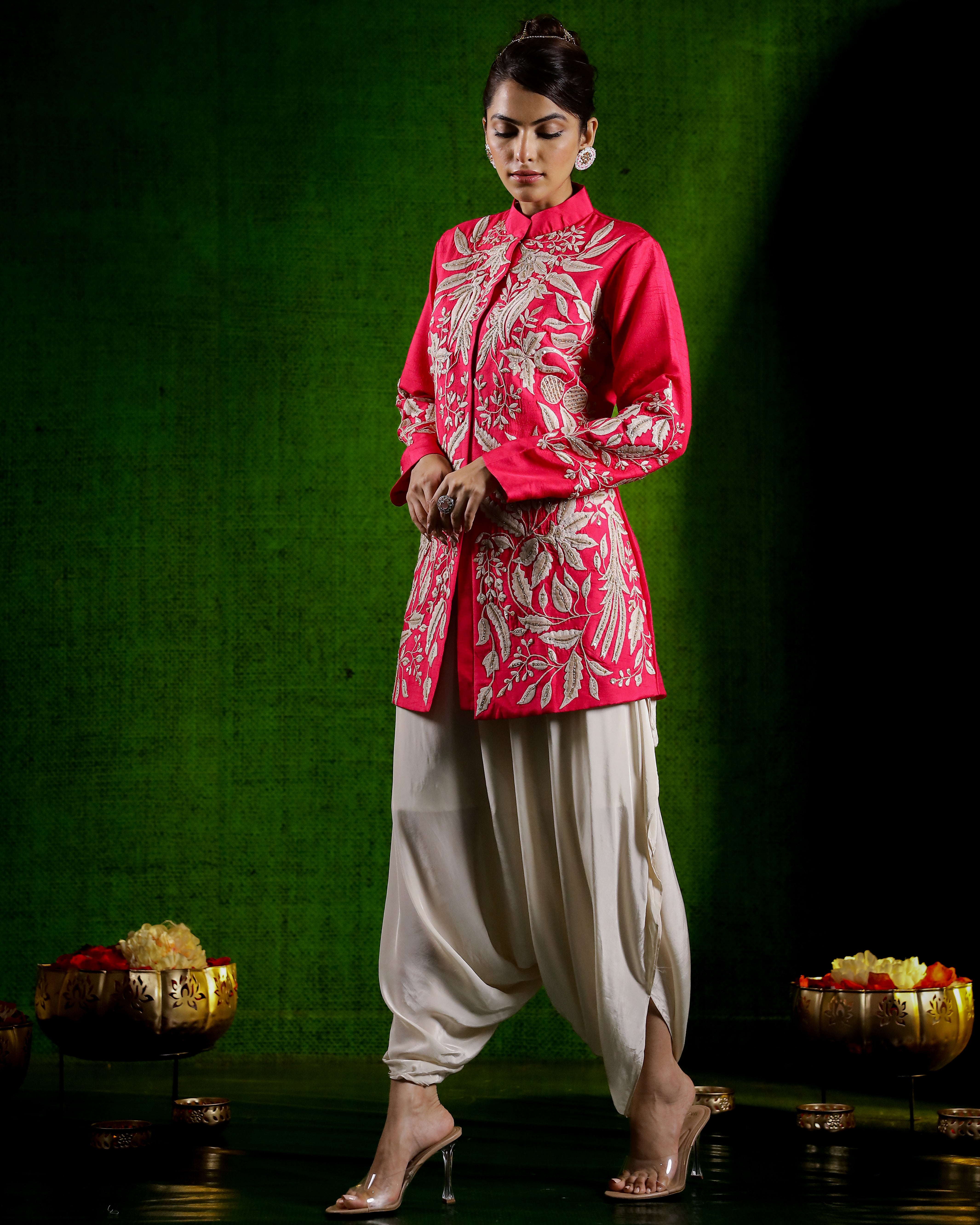 Rani Pink Embroidered Raw Silk Jacket with Cowl Pants