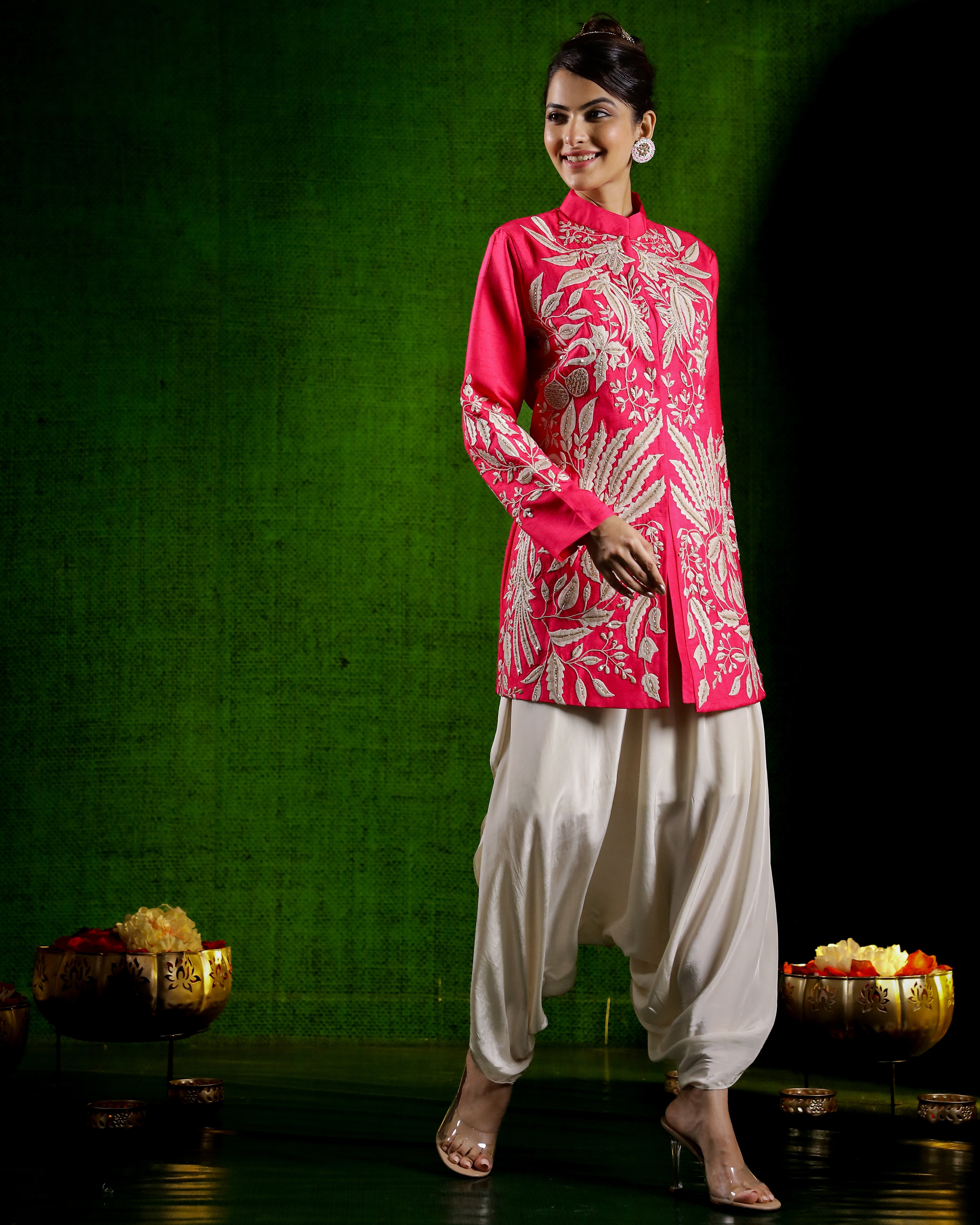 Rani Pink Embroidered Raw Silk Jacket with Cowl Pants