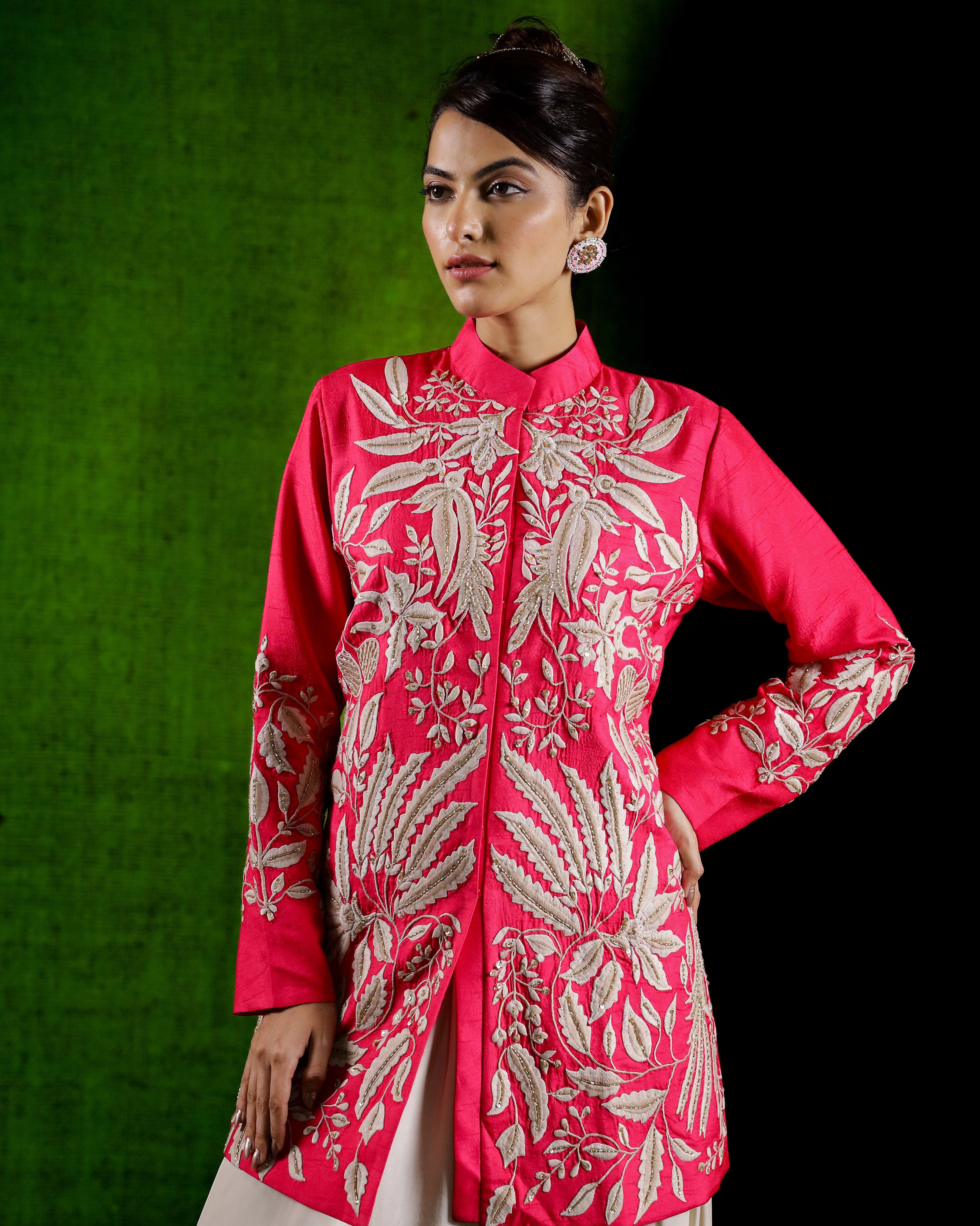 Rani Pink Embroidered Raw Silk Jacket with Cowl Pants