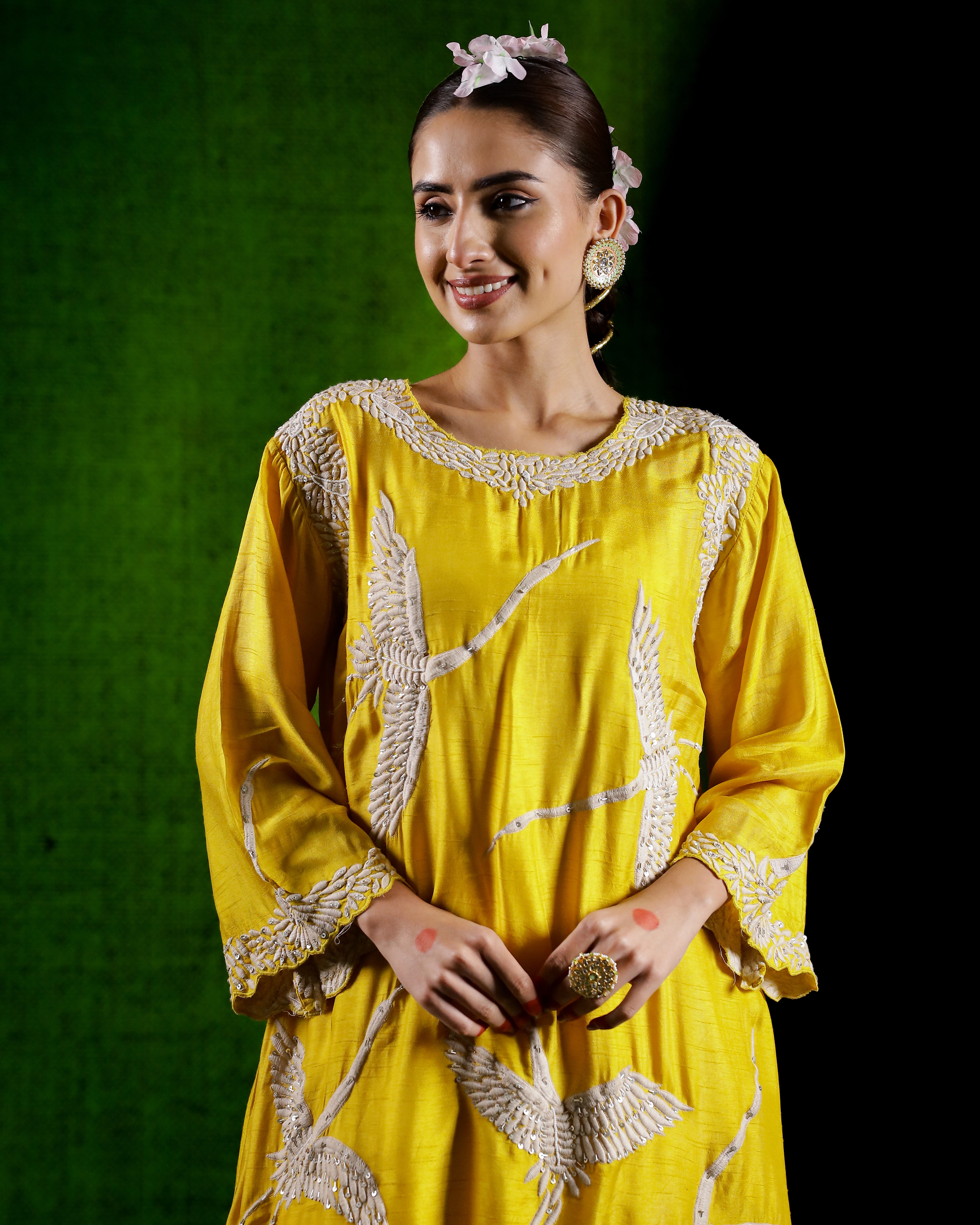 Bright Yellow Flamingo Embroidered Raw Silk Co-Ord Set