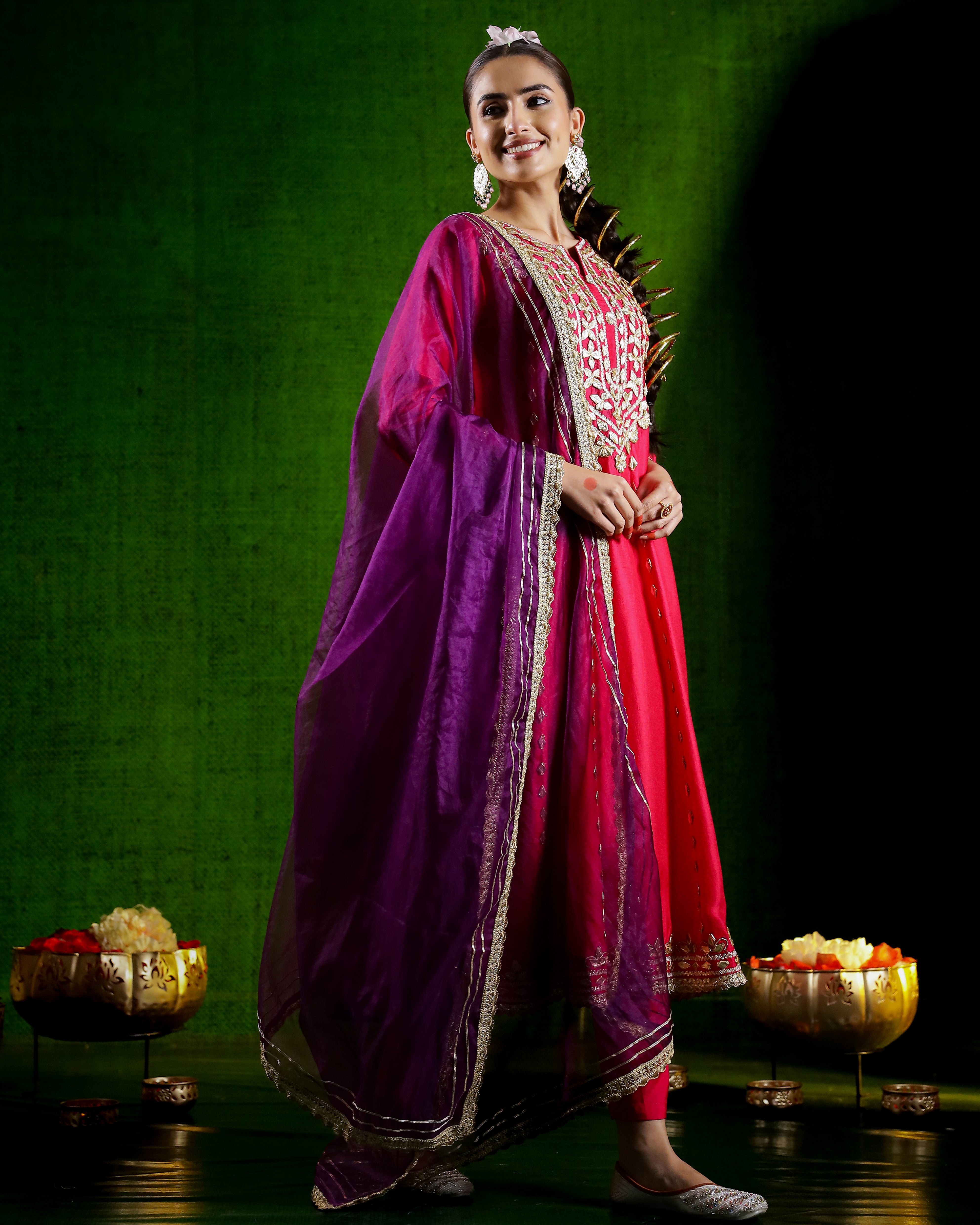 Deep Pink Embroidered German Silk Anarkali Set