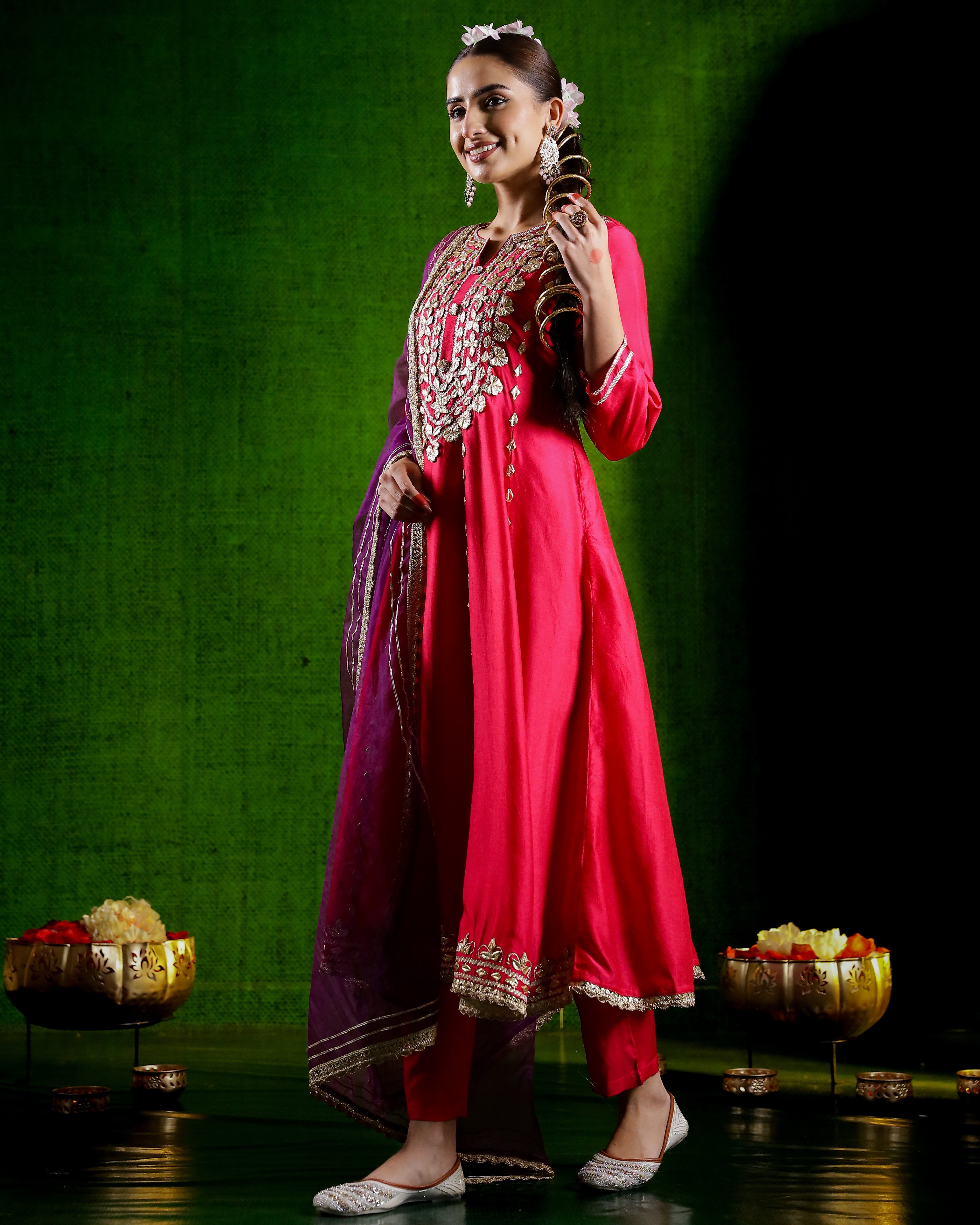 Deep Pink Embroidered German Silk Anarkali Set