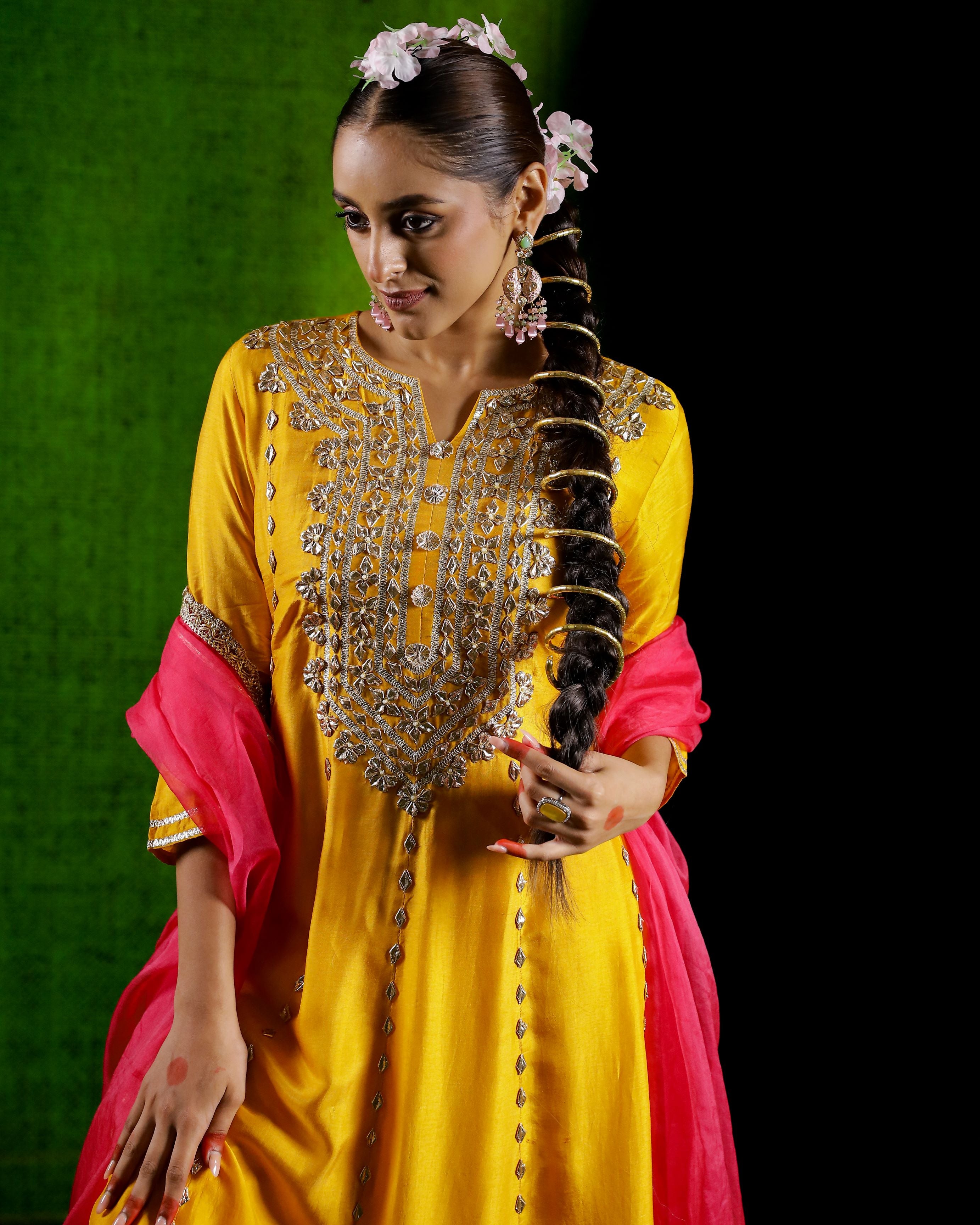 Festive Yellow Gotta Embroidered German Silk Anarkali Set