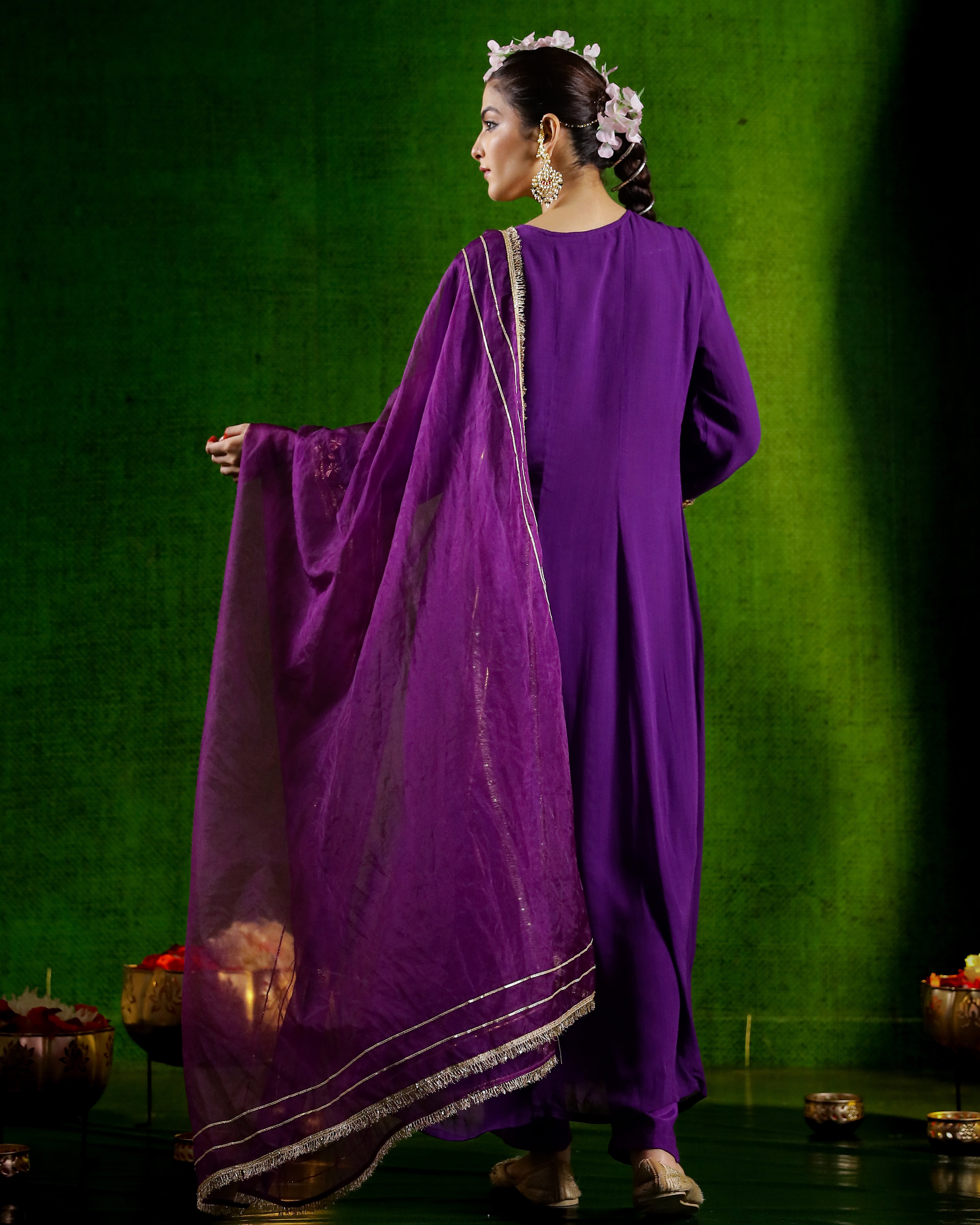 Purple Embroidered Georgette Silk Anarkali Set