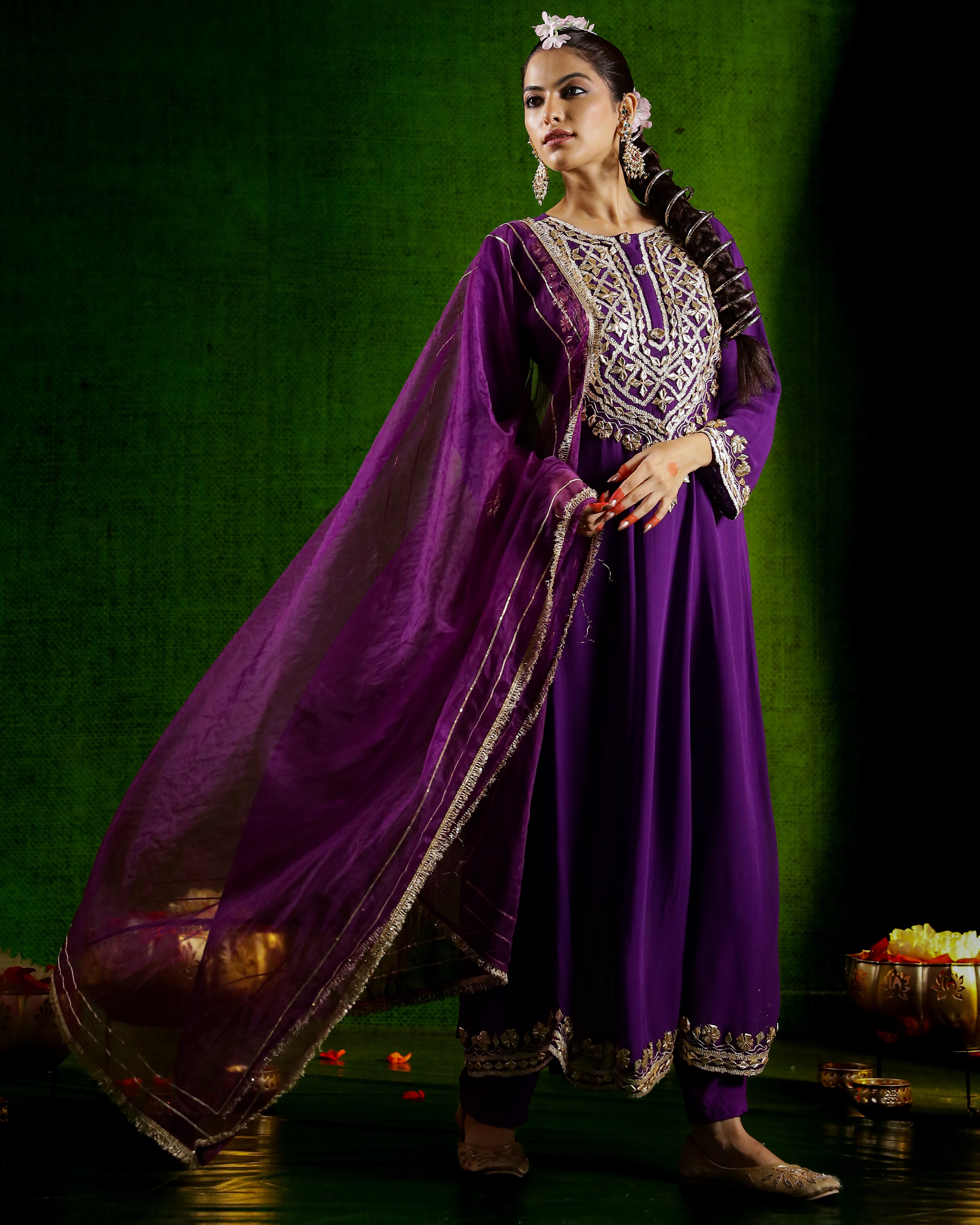 Purple Embroidered Georgette Silk Anarkali Set