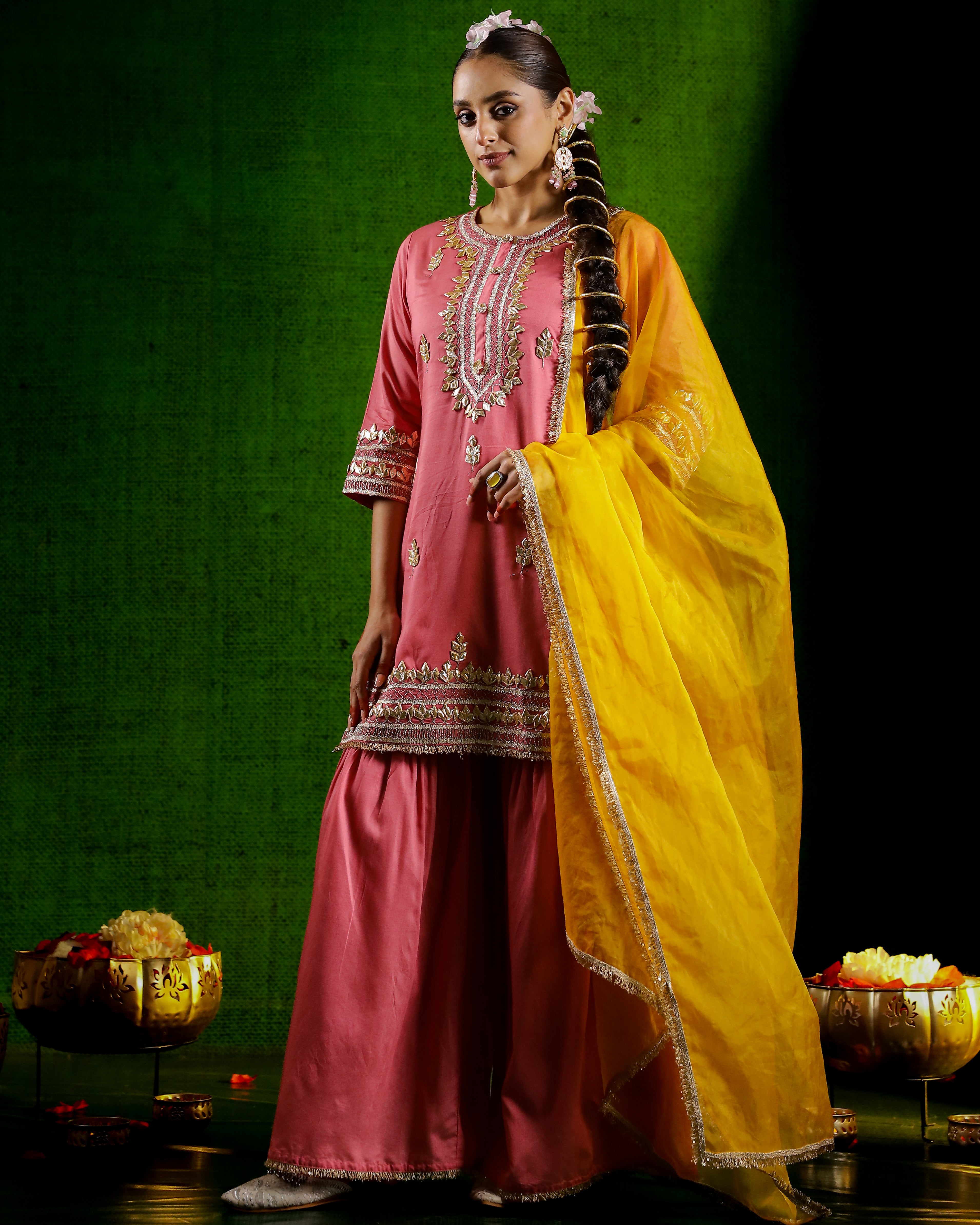 Salmon Pink Embellished Tissue Organza Silk Sharara Set