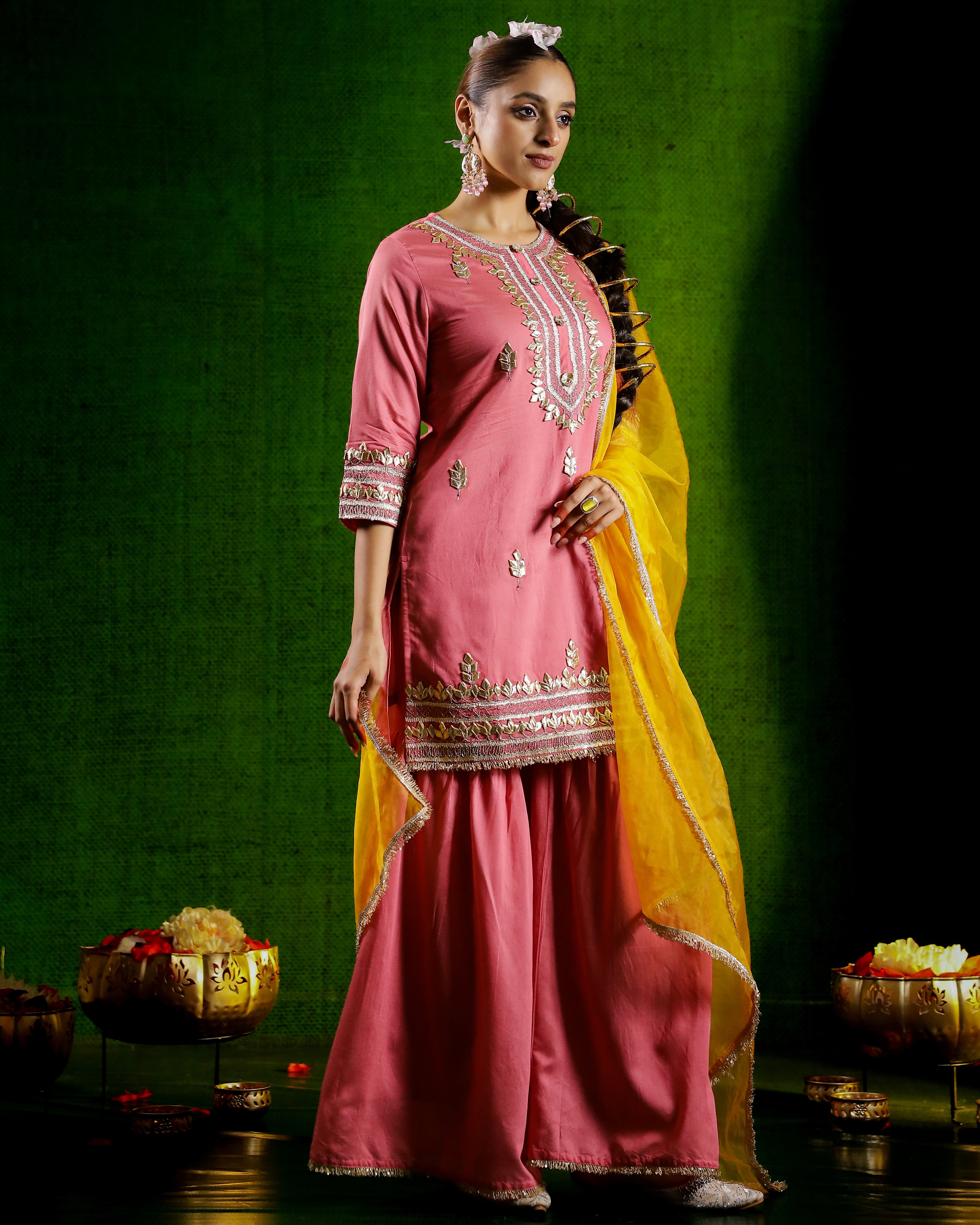 Salmon Pink Embellished Tissue Organza Silk Sharara Set