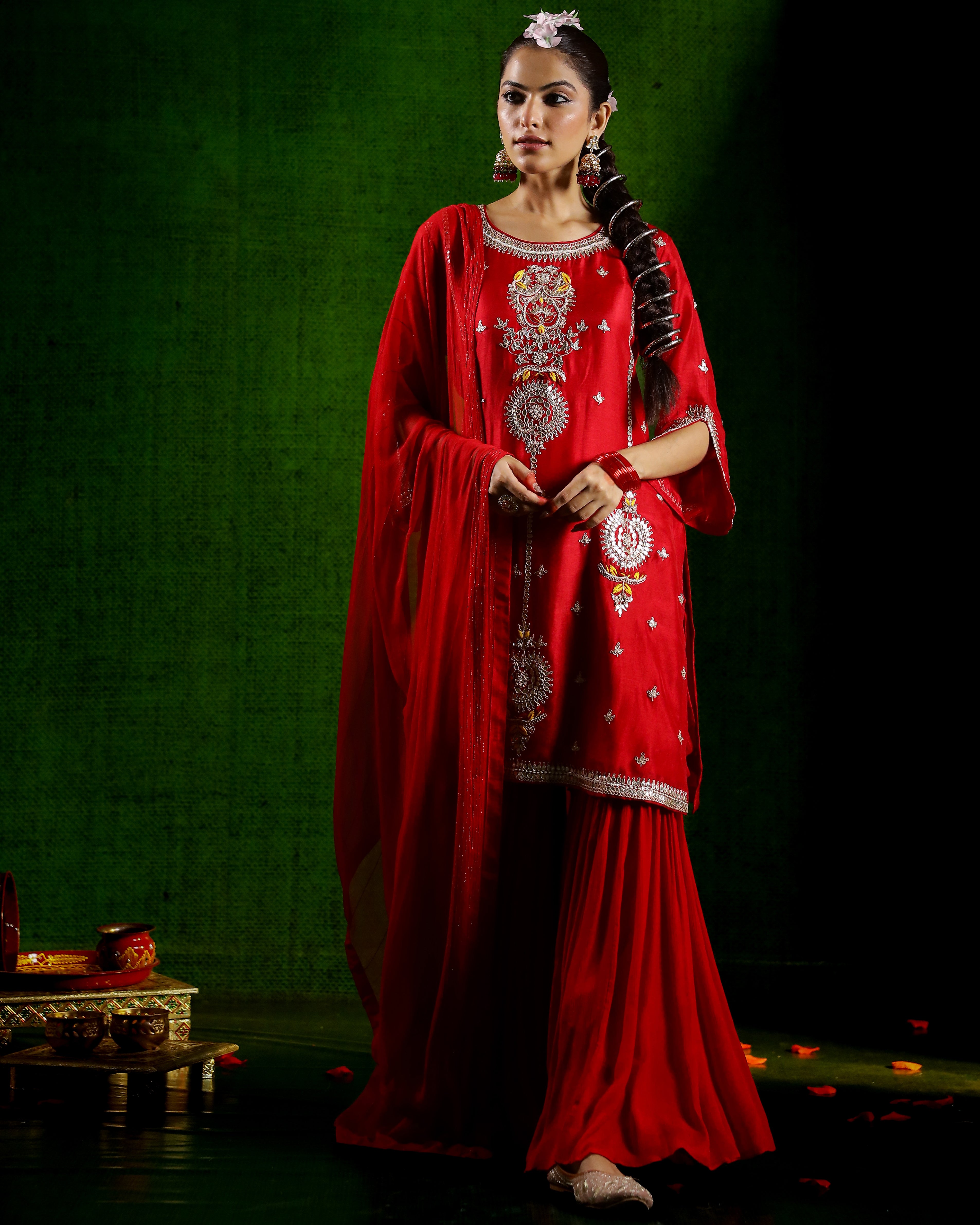 Red Embellished Raw Silk Sharara Set