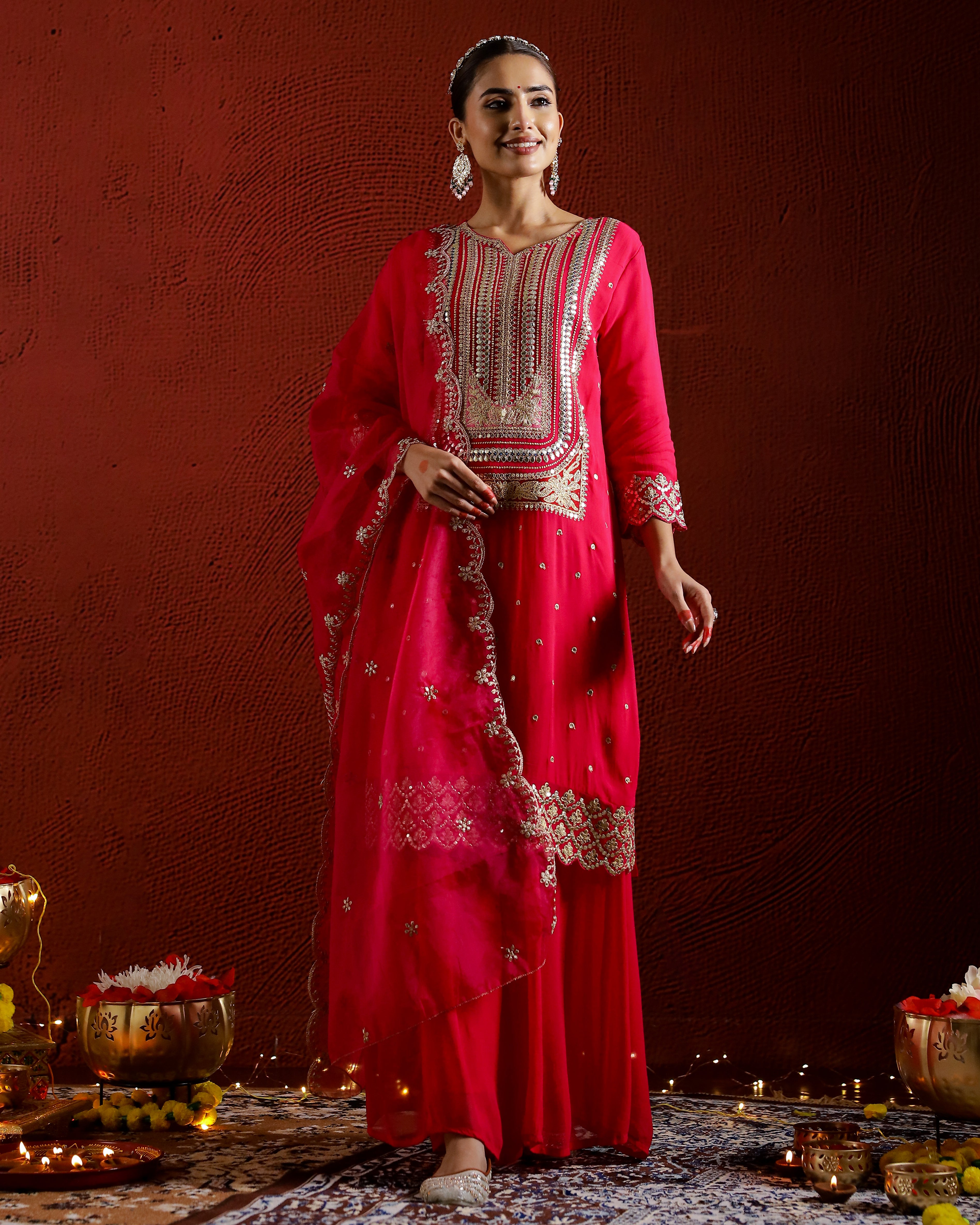 Rani Pink Embroidered Georgette Silk Palazzo Set