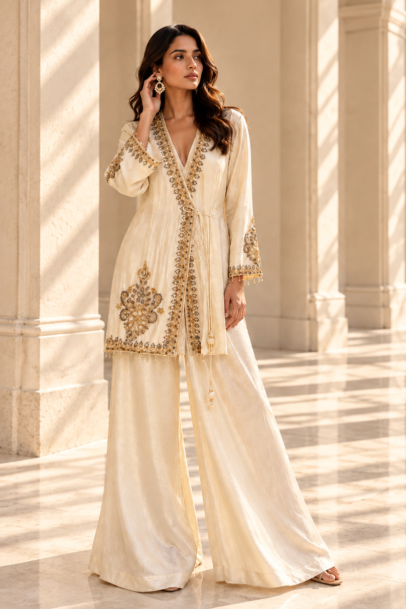 Champagne Ivory Embellished Crushed Silk Co-ord Set