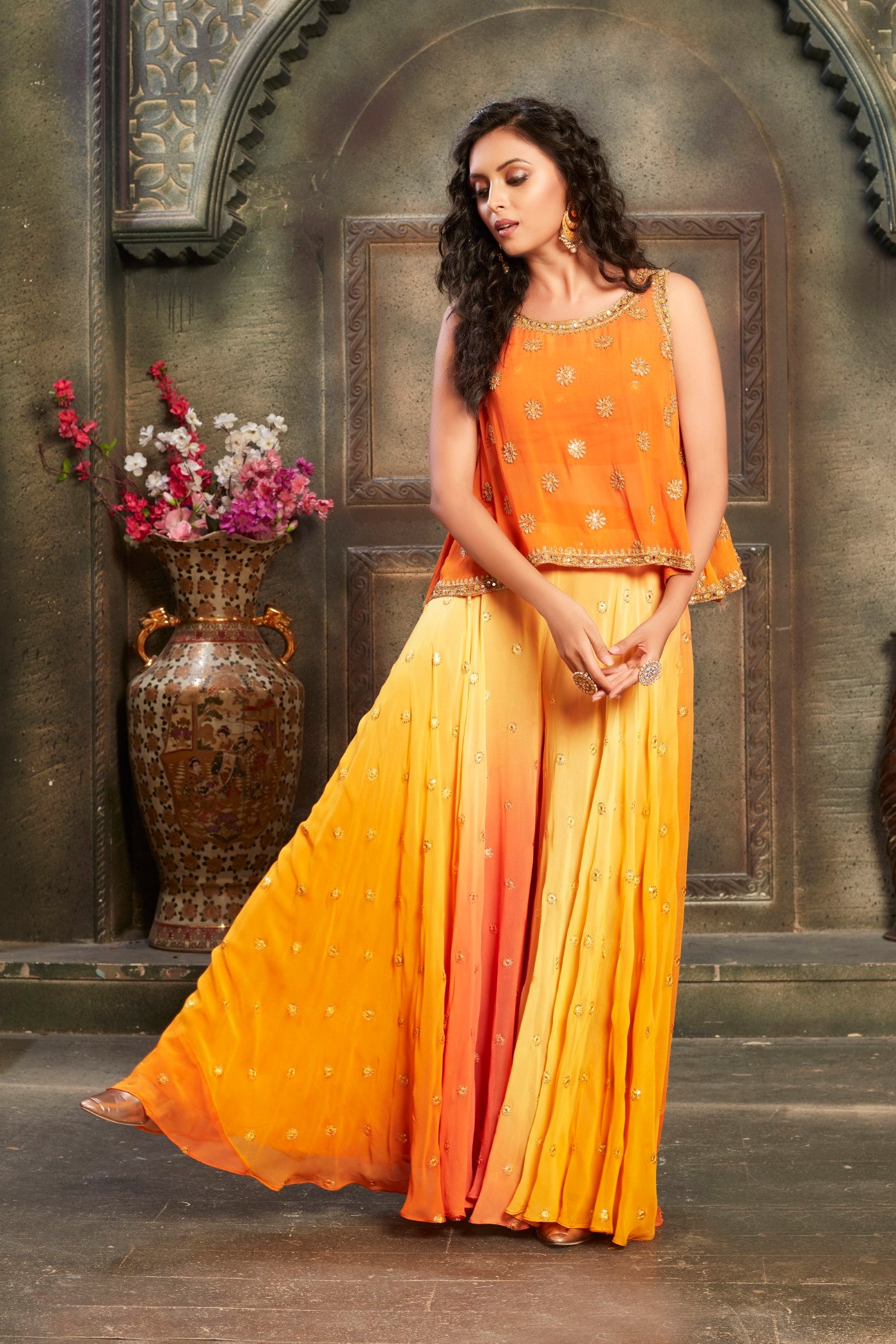 Ombre Dyed Crystal Georgette Palazzo Set