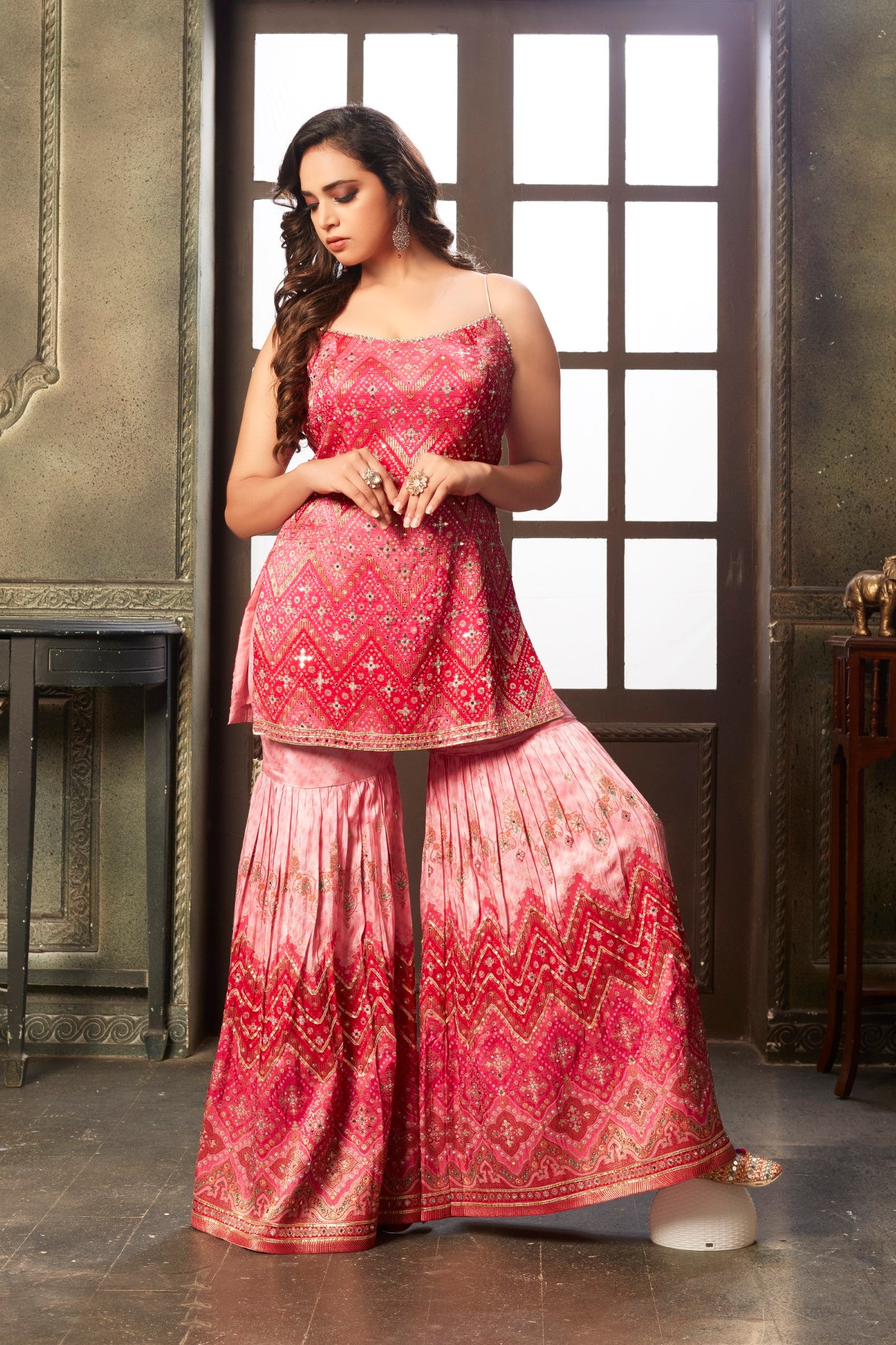 Pretty Pink Embellished Banarasi Silk Sharara Set