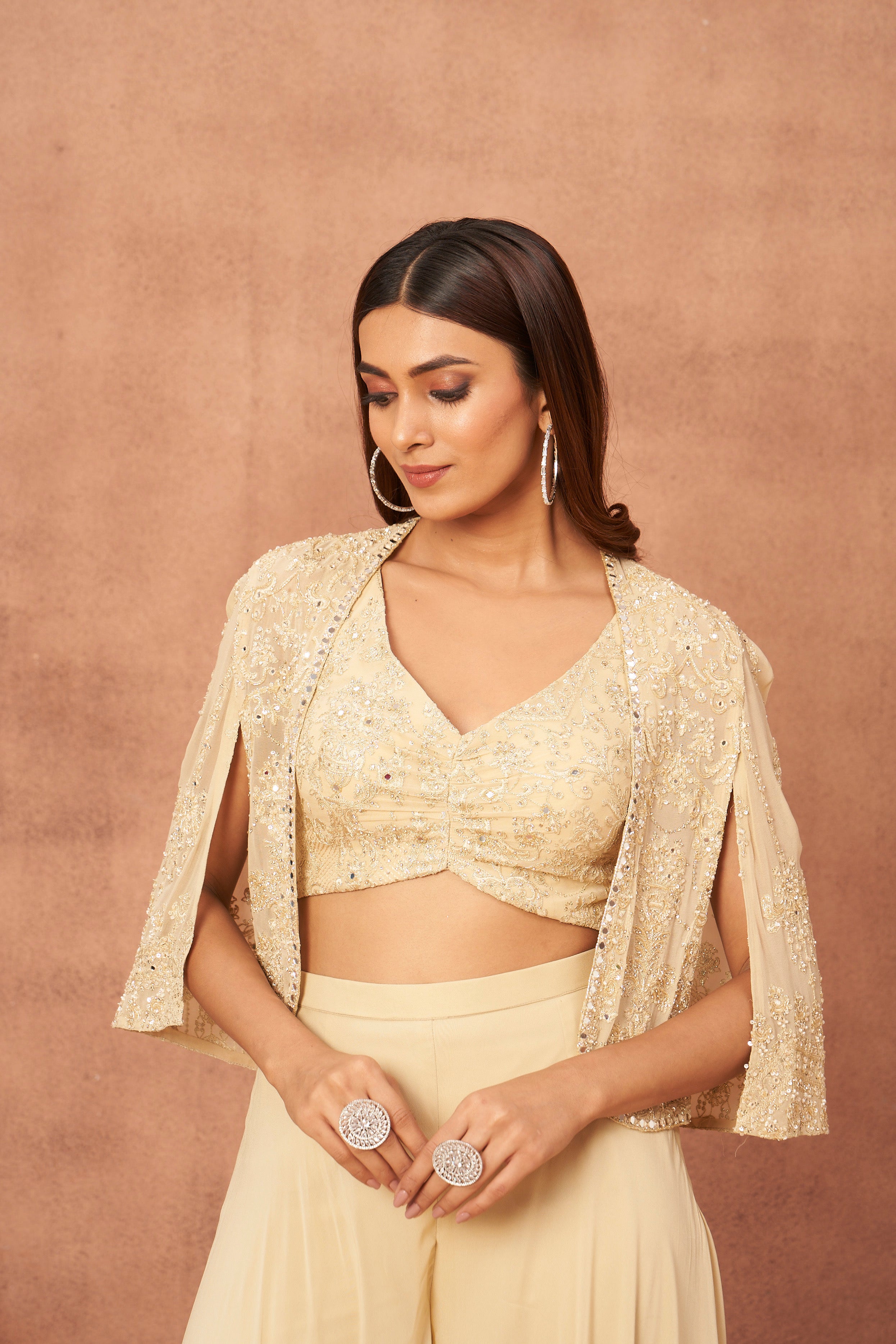 Champagne Gold Hand Embroidered Georgette Silk Palazzo Set