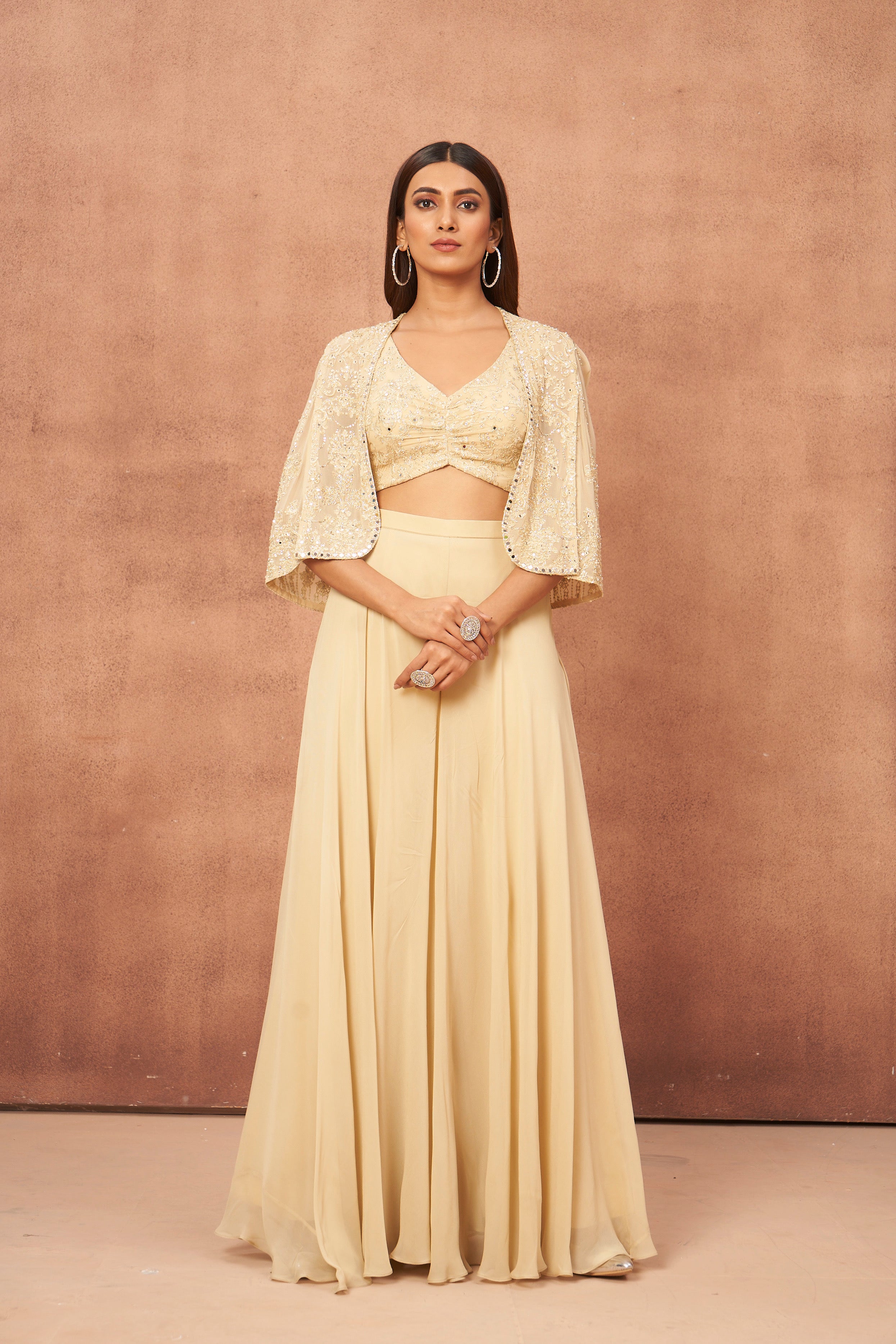 Champagne Gold Hand Embroidered Georgette Silk Palazzo Set