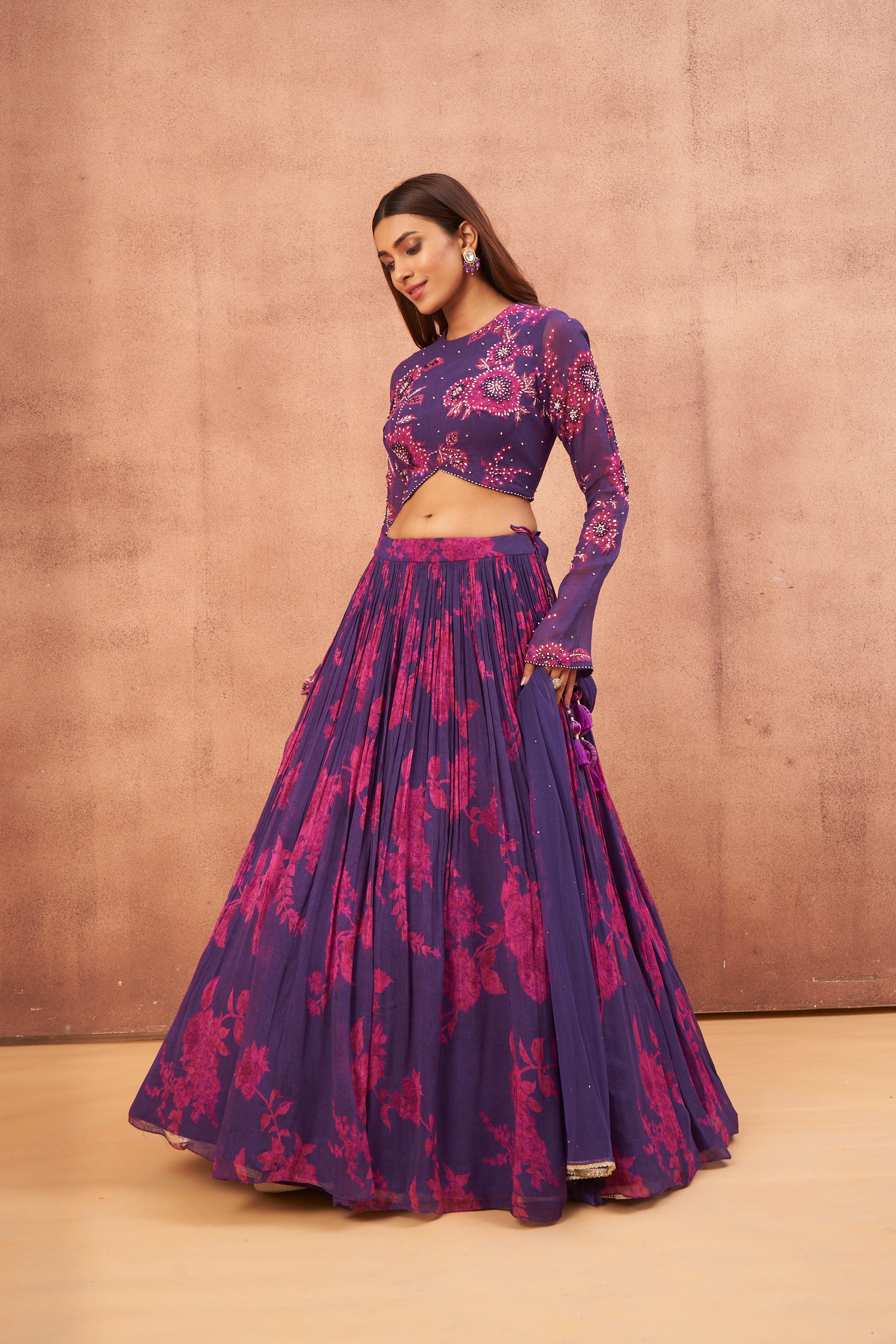 Purple Floral Printed Georgette Silk Skirt Set