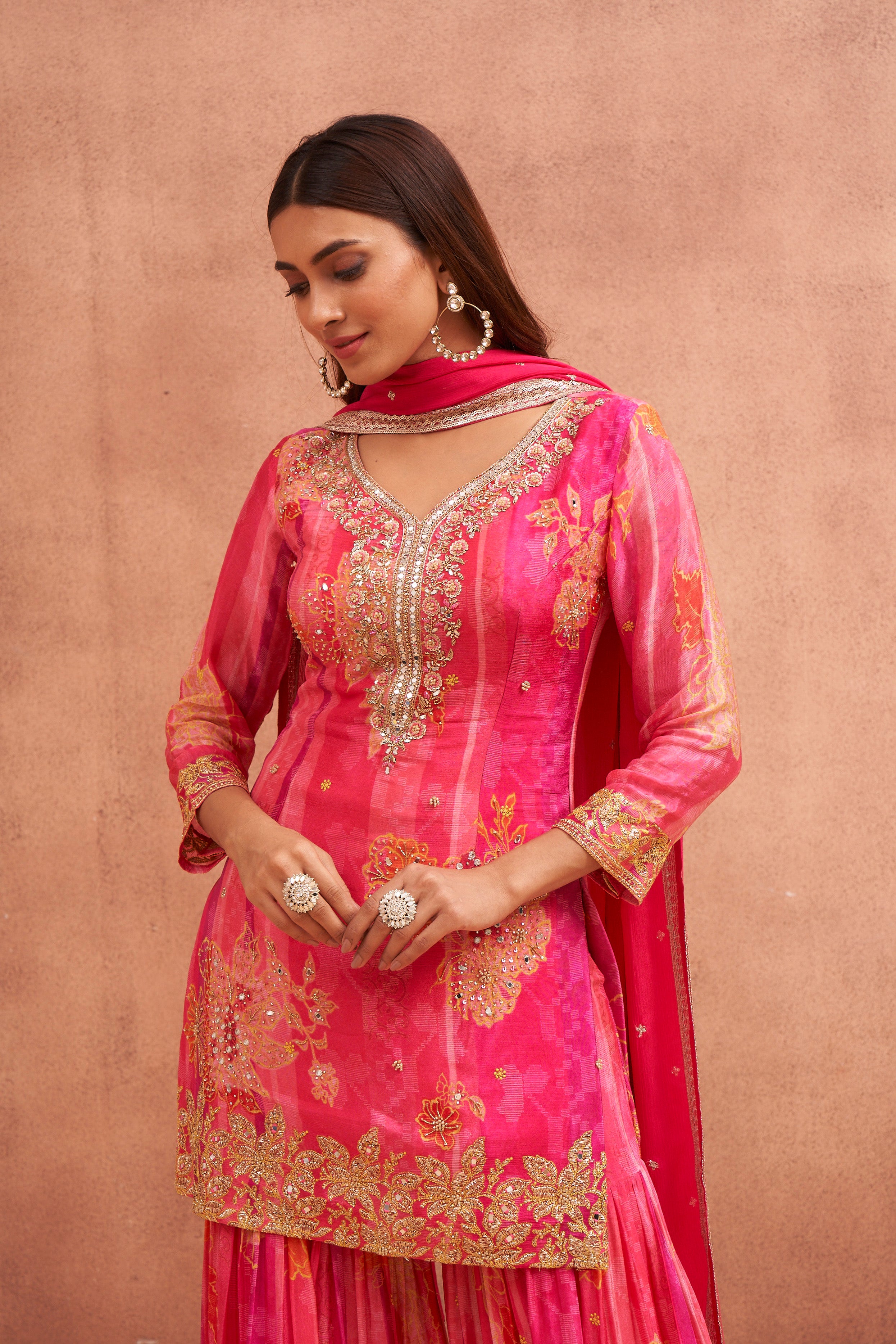 Ravishing Pink Hand Embroidered Georgette Silk Sharara Set