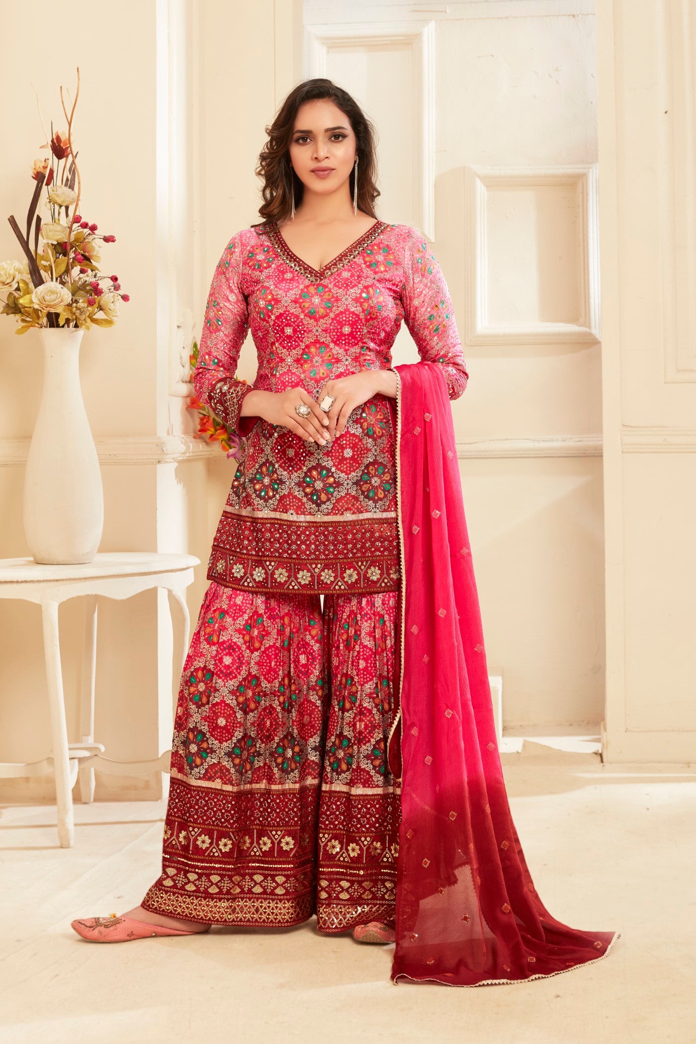 Pink Embellished Banarasi Silk Sharara Set