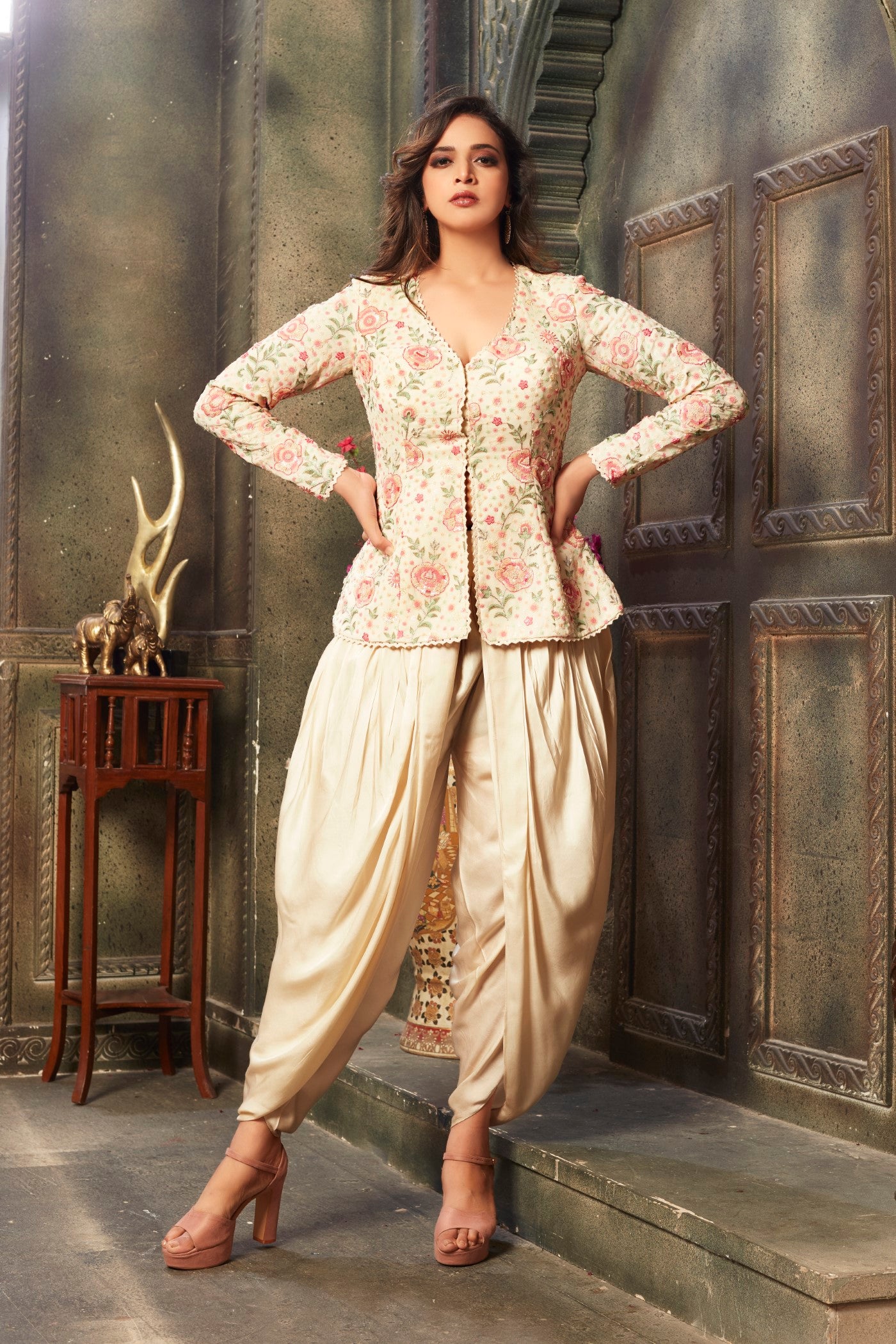 Cream Floral Embroidered Raw Silk Dhoti Set