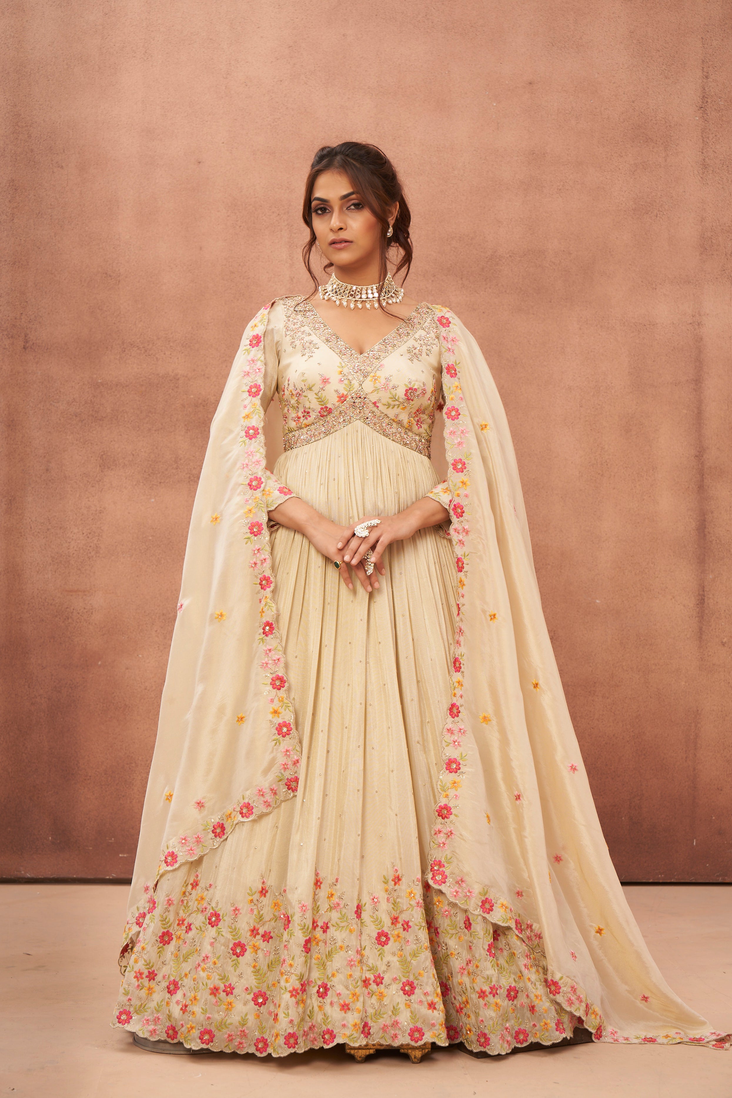 Cream Floral Embroidered Premium Silk Anarkali Set