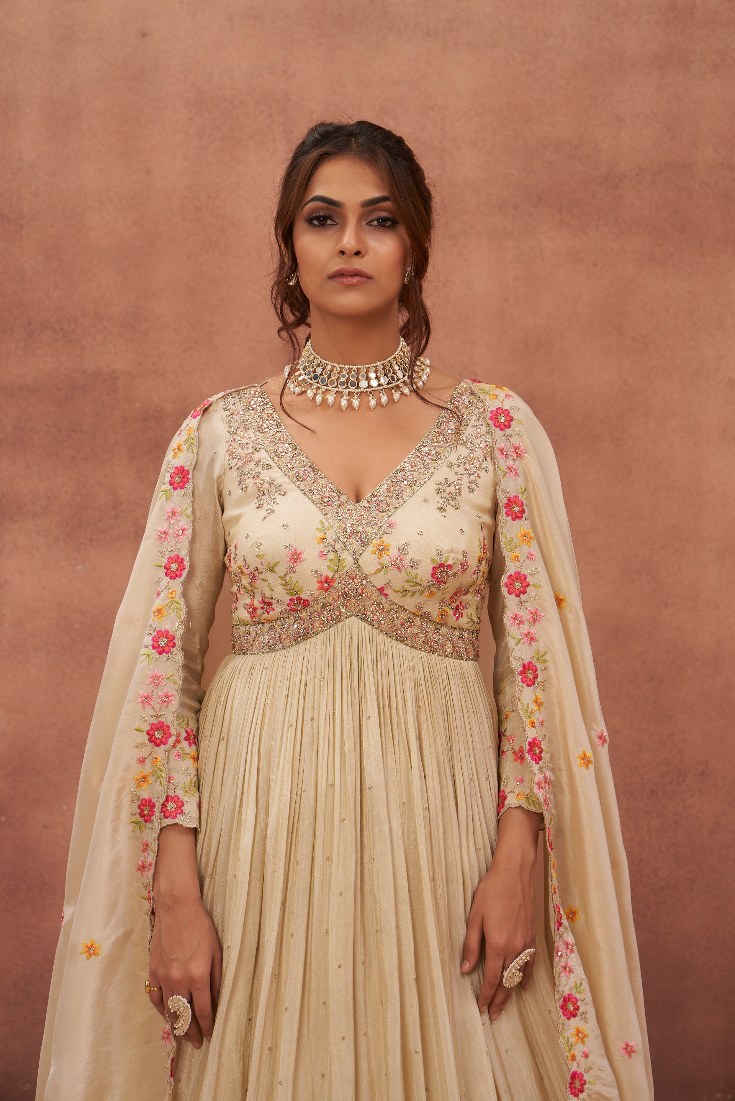 Cream Floral Embroidered Premium Silk Anarkali Set